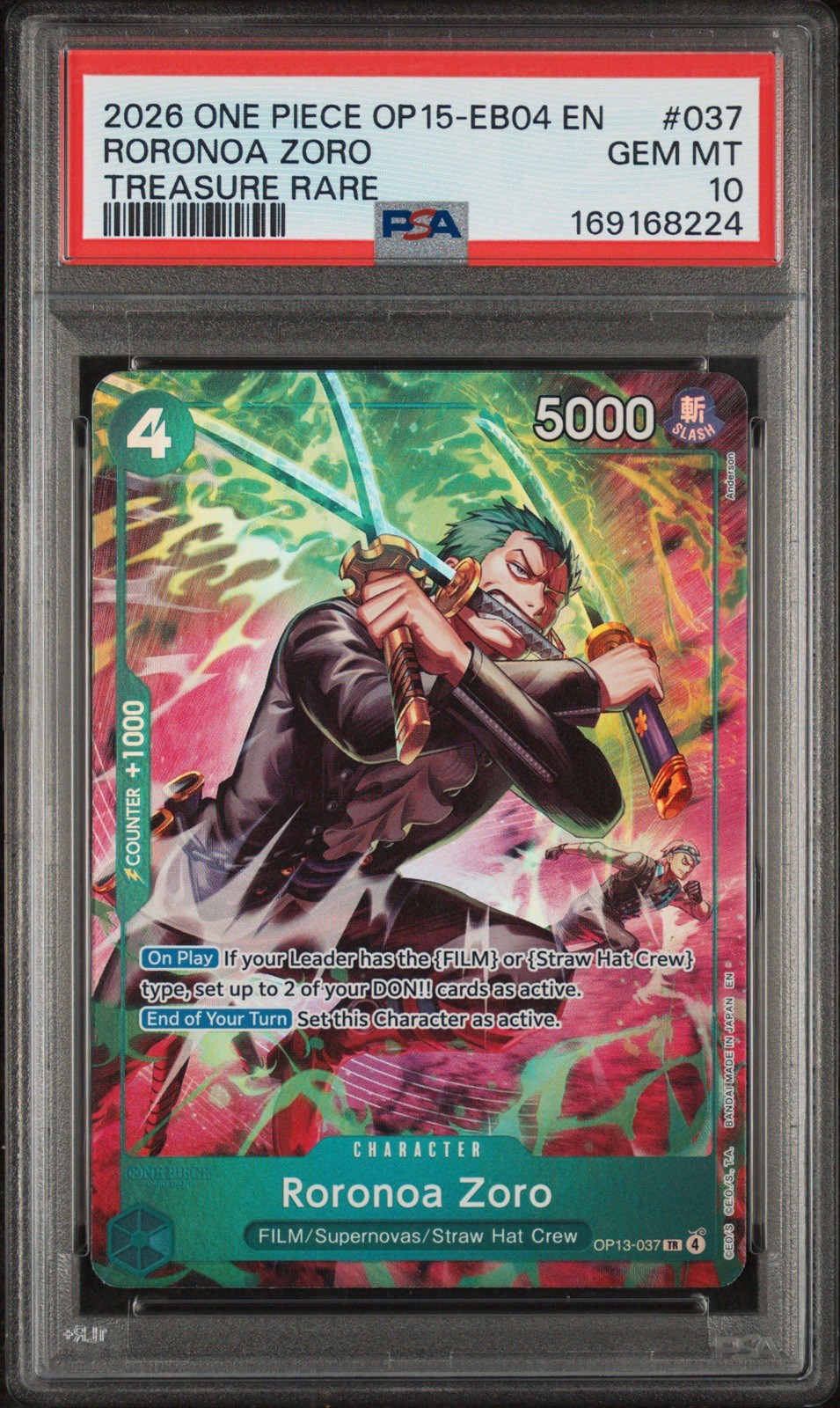 2026 ONE PIECE ADVENTURE ON KAMI'S ISLAND TREASURE RARE #037 RORONOA ZORO PSA 10 2026 ONE PIECE ADVENTURE ON KAMI'S ISLAND TREASURE RARE #037 RORONOA ZORO PSA 10