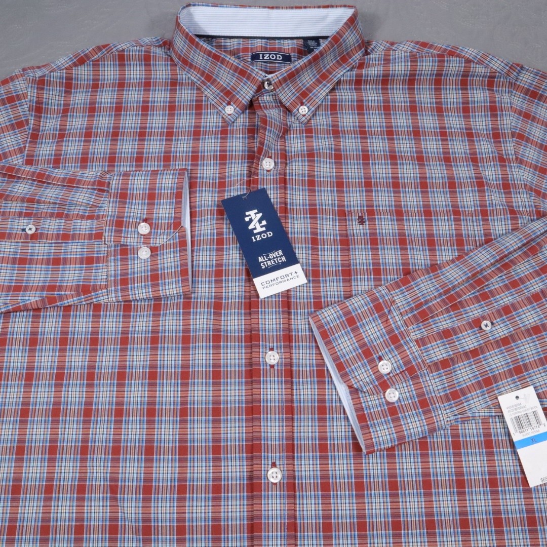 New IZOD Plaid Button Shirt Mens XL Red Blue L/S Stretch Performance Comfort