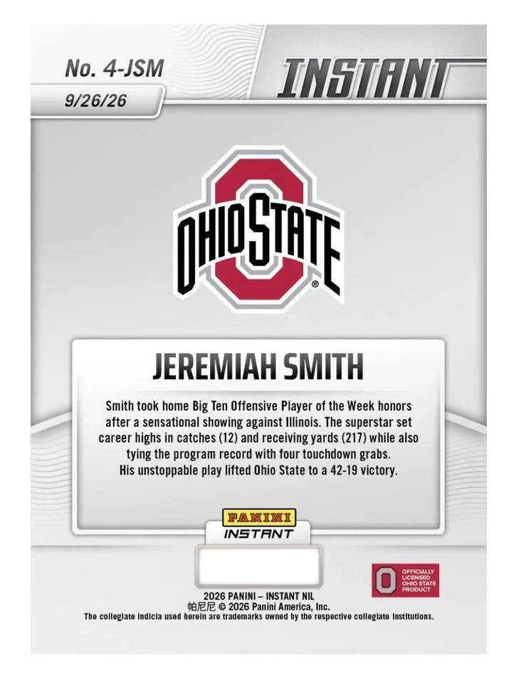 GRADED GEM-MT 10 Jeremiah Smith 2026 PANINI INSTANT NIL ROOKIE #4-JSM Presale
