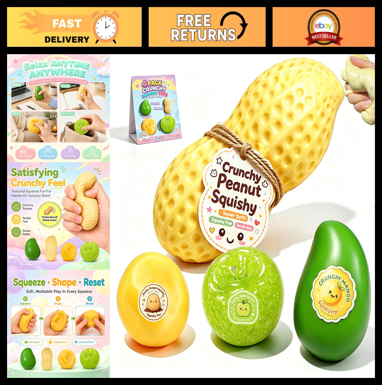 4PC Crunchy Squishy Stress Relief Toys, Sensory Fidget Balls, Food-Themed Fun