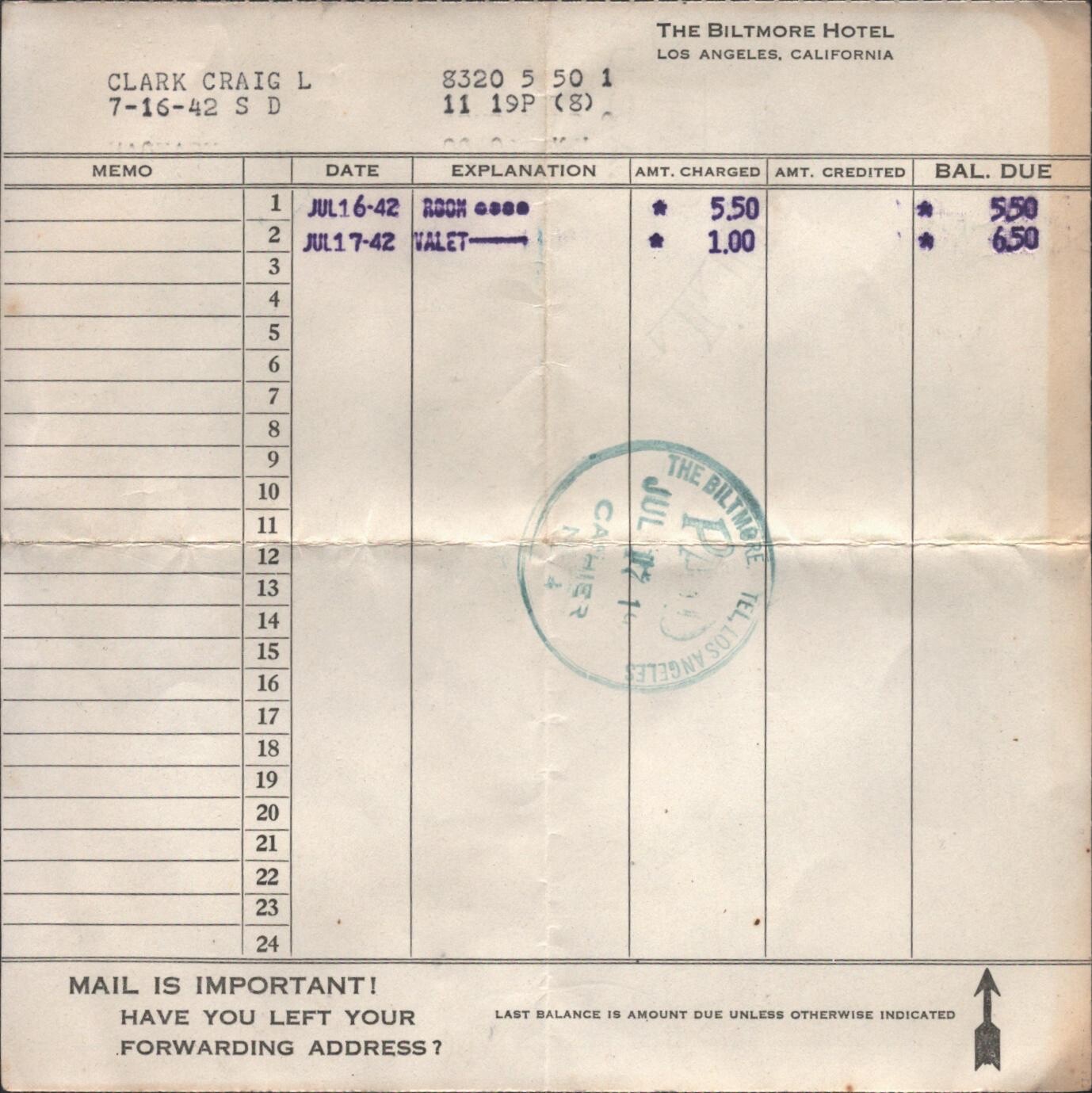 1942 THE BILTMORE HOTEL vintage guest receipt LOS ANGELES, CALIFORNIA - $5.50 1942 THE BILTMORE HOTEL vintage guest receipt LOS ANGELES, CALIFORNIA - $5.50