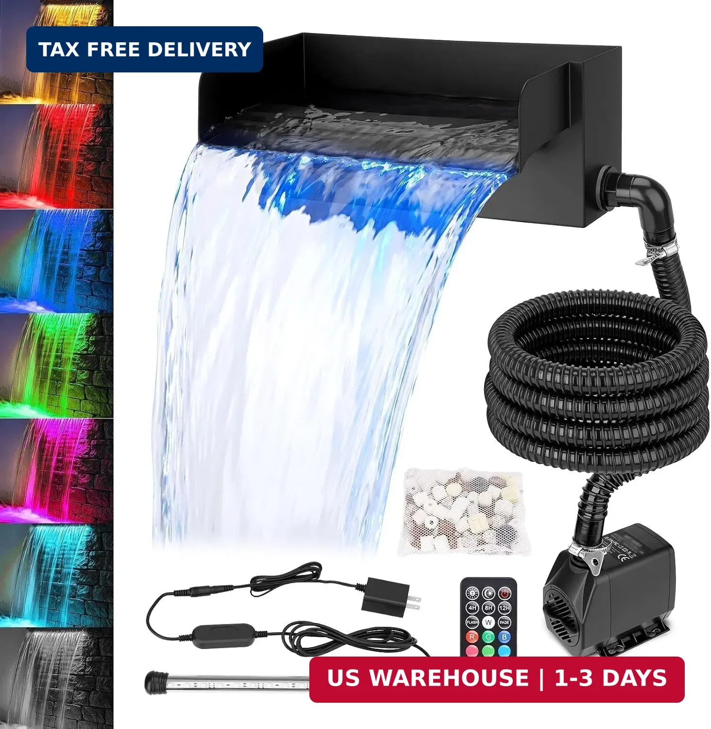 All-in-1 Pond Waterfall Kit with LED Light, 12 inch 304 Stainless Steel Spillway