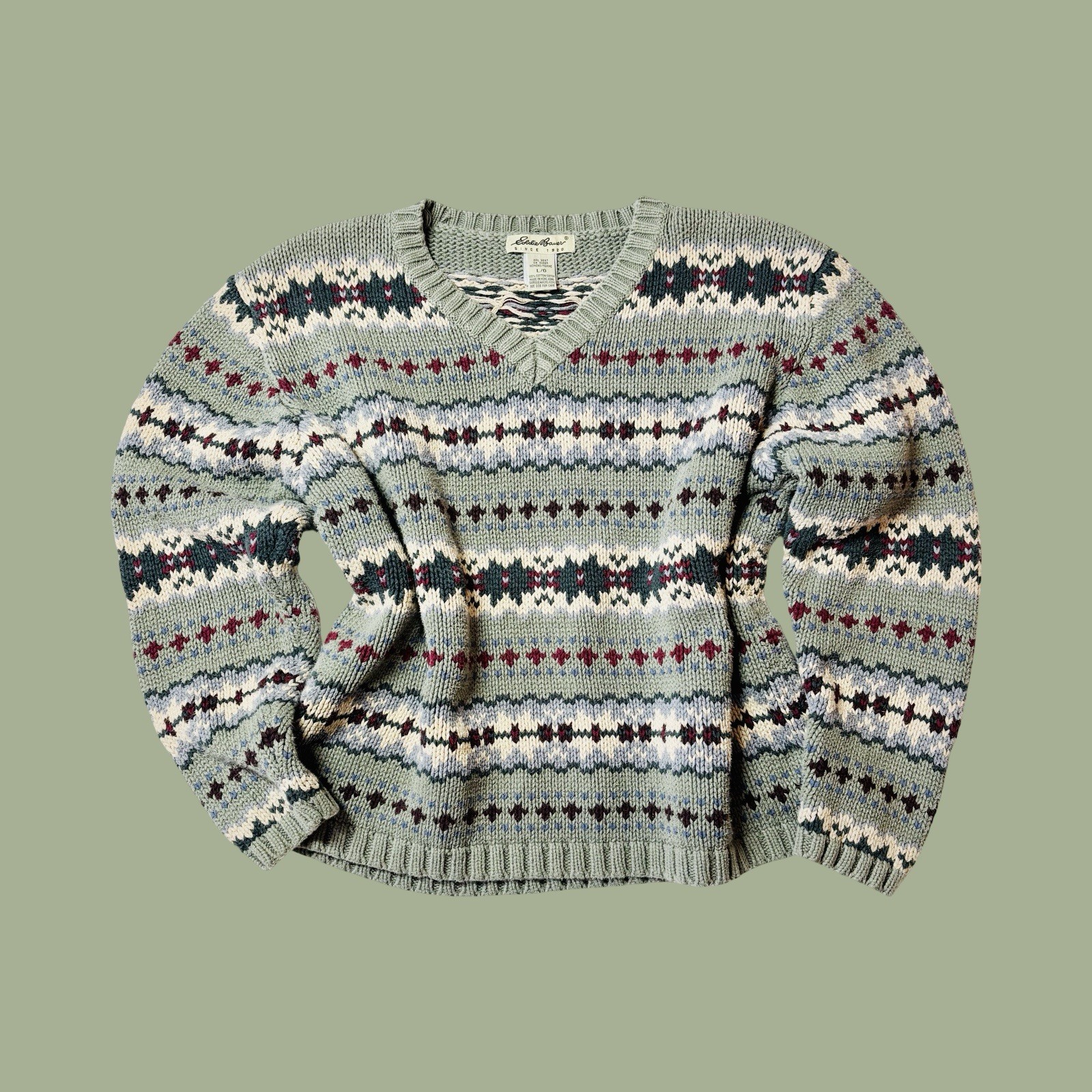 Vintage Eddie Bauer Wool Blend Fair Isle Cropped Sweater Womens Size Large 90\'s