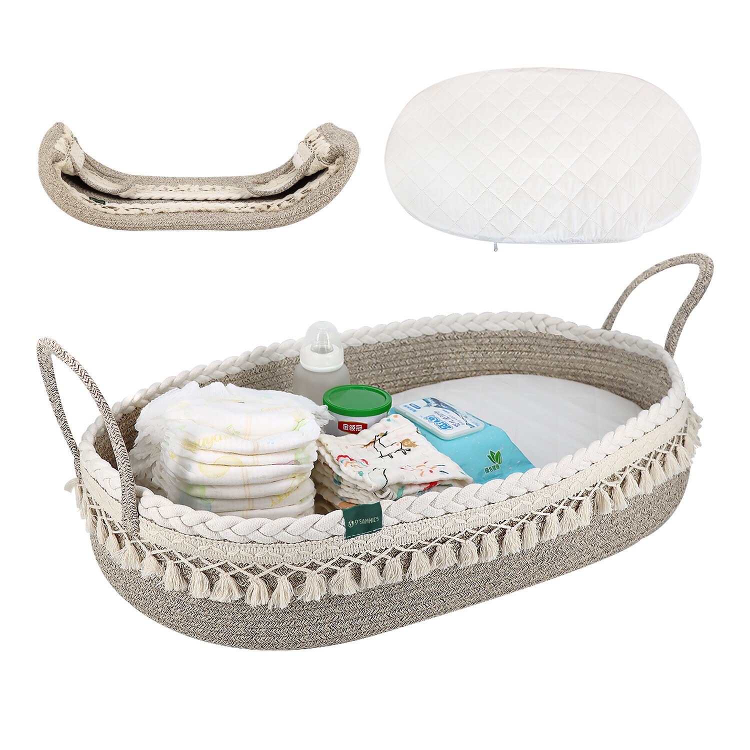 Cotton, Beige Moses Baby Diaper Changing Basket With Pad and Water Proof Cover. Cotton, Beige Moses Baby Diaper Changing Basket With Pad and Water Proof Cover.