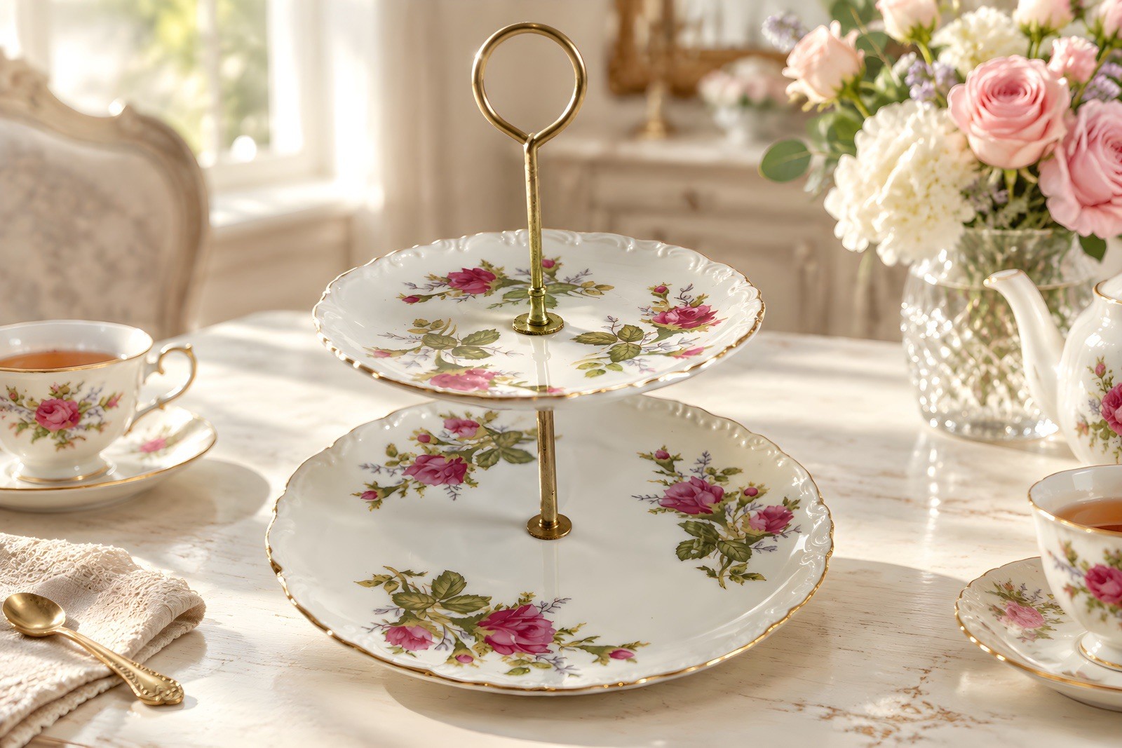 Vintage two-tier porcelain serving tray with moss rose pattern and gilded edges Vintage two-tier porcelain serving tray with moss rose pattern and gilded edges