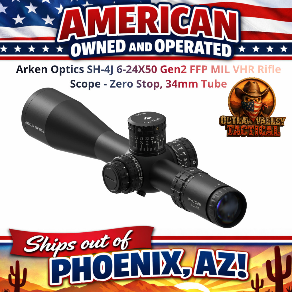 Arken Optics SH-4J 6-24X50 Gen2 FFP MIL VHR Rifle Scope - Zero Stop, 34mm Tube