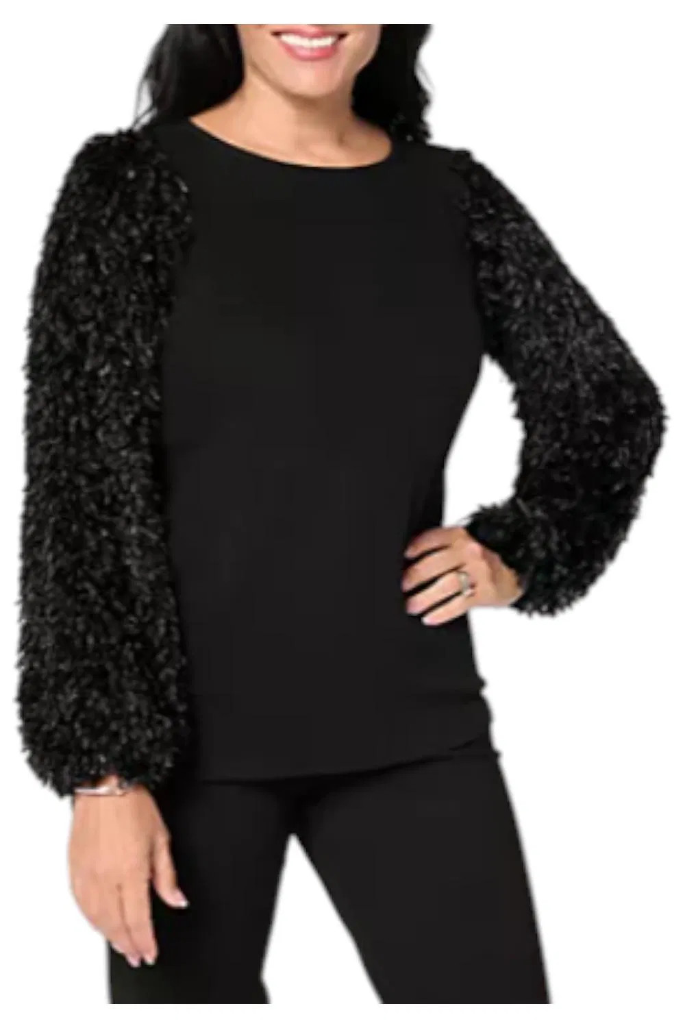 Susan Graver Women's Occasions Rib Knit Top w/ Embellished Slvs Black Susan Graver Women's Occasions Rib Knit Top w/ Embellished Slvs Black