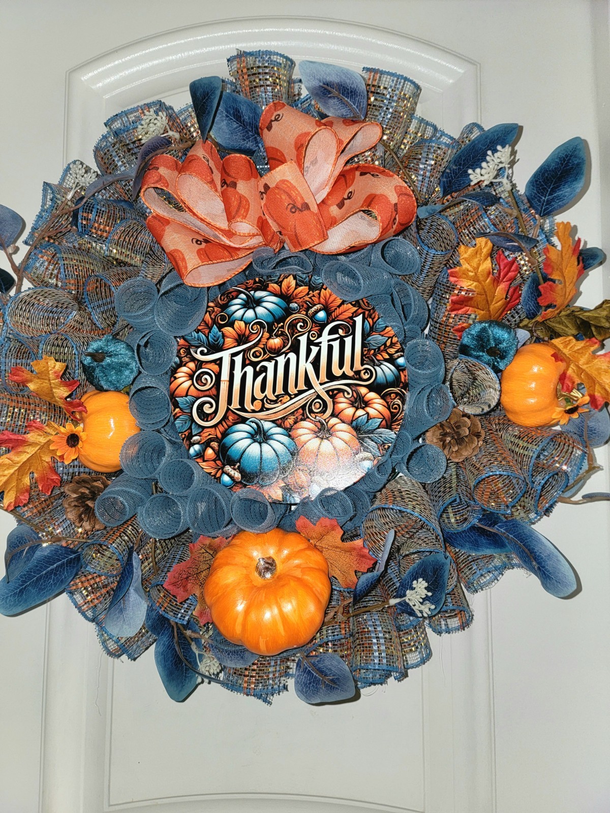 Fall Deco Mesh Wreath THANKFUL pumpkins Leaves Pinecones Handmade 24 In. Fall Deco Mesh Wreath THANKFUL pumpkins Leaves Pinecones Handmade 24 In.