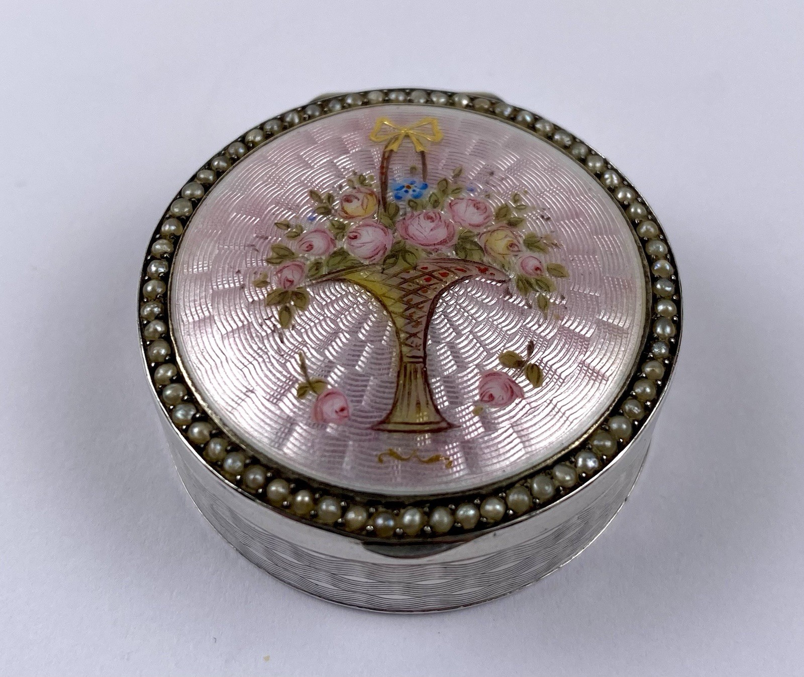 Magnificent Solid Silver Pink Enamel Guilloche Pearl Box Circa 1920
