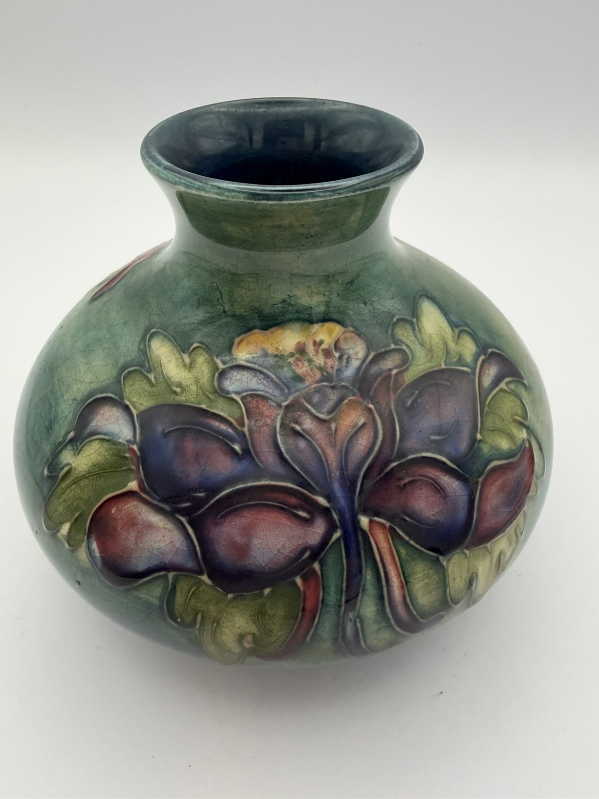 Moorcroft Pottery “Columbine” Green Atmospheric Glaze Bud Vase by Walter 1947