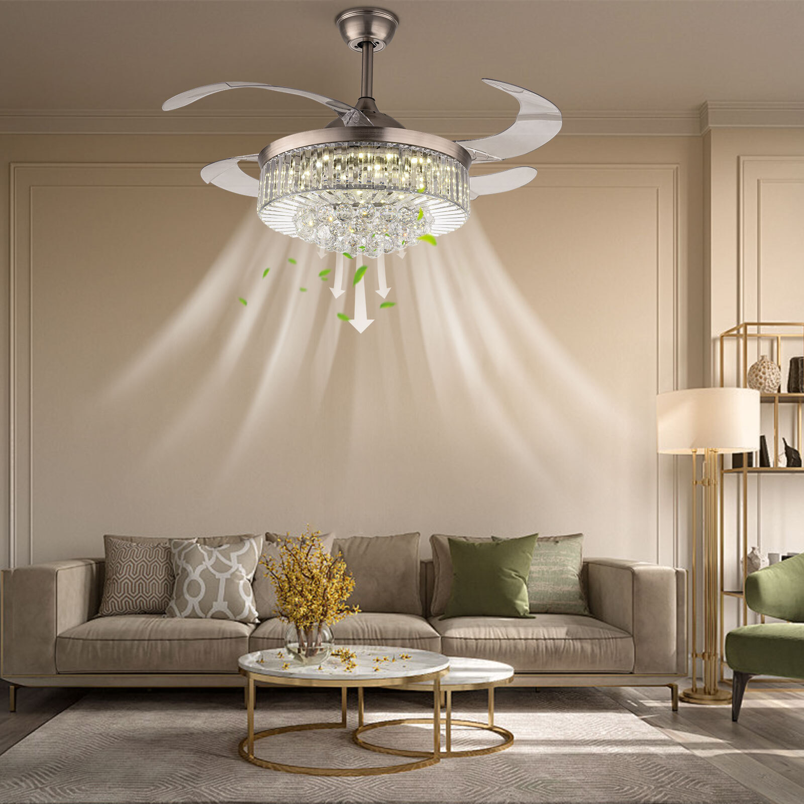 Silver& Clear Retractable Ceiling Fan with Light 110-220V 72W for Living Room
