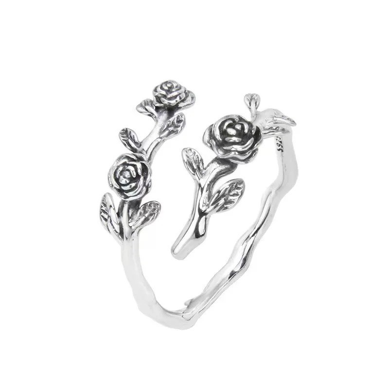 925 Sterling Silver Rose Branch Adjustable Ring Women Jewelry Gift