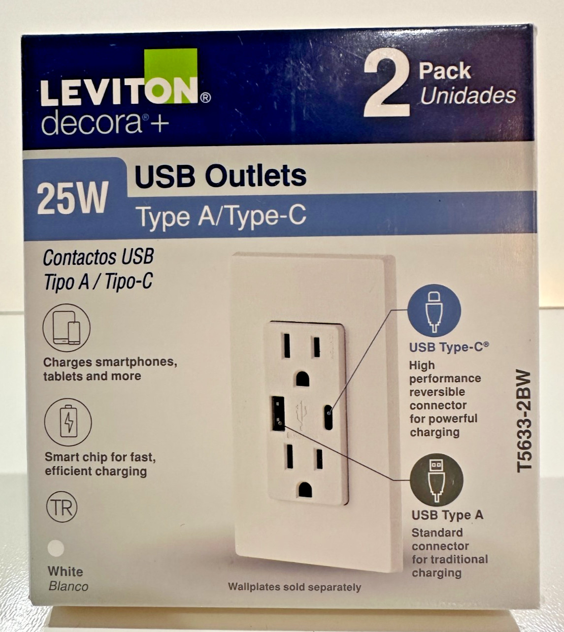 Leviton T5633-2BW 25W USB A/C Tamper Resistant Outlet White 2-Pack NEW