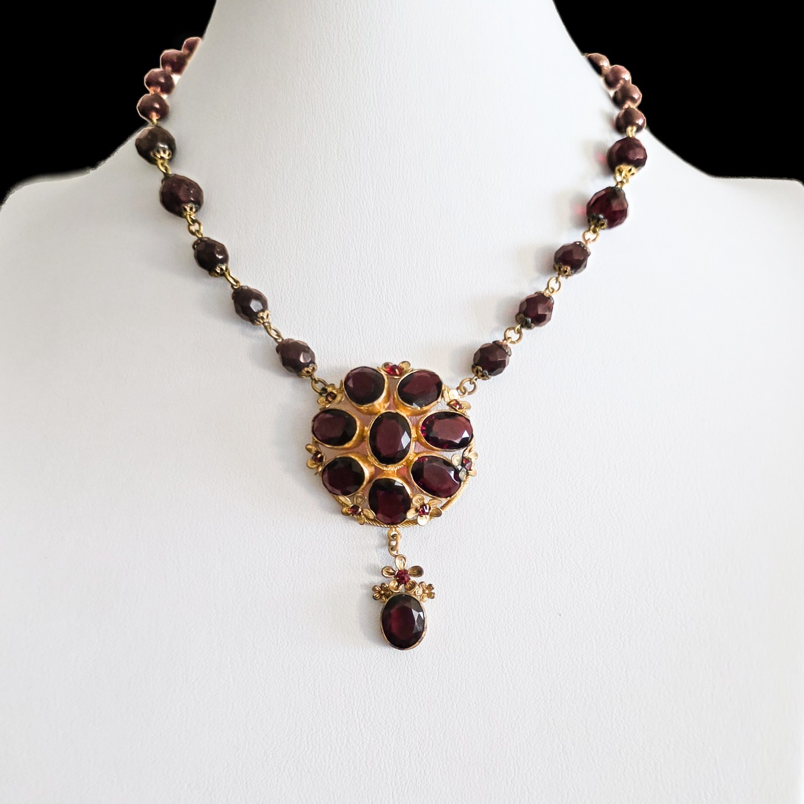 Antique Late Victorian Bohemian Garnet Glass Pendant Necklace Gilt Brass Choker Antique Late Victorian Bohemian Garnet Glass Pendant Necklace Gilt Brass Choker