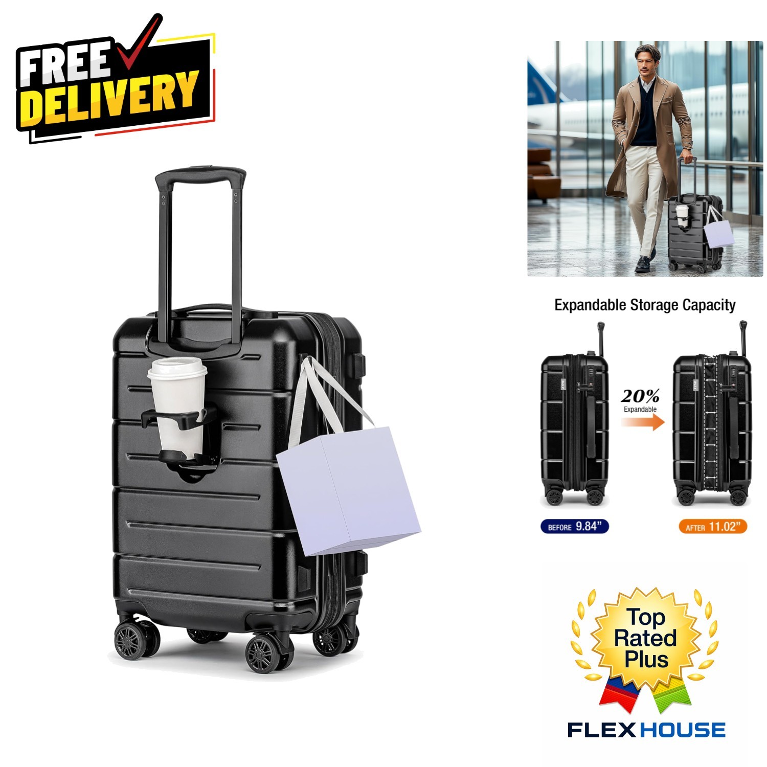 Elegant 20 Inch Expandable Carry-On Luggage with Cup Holder & Spinner Wheels