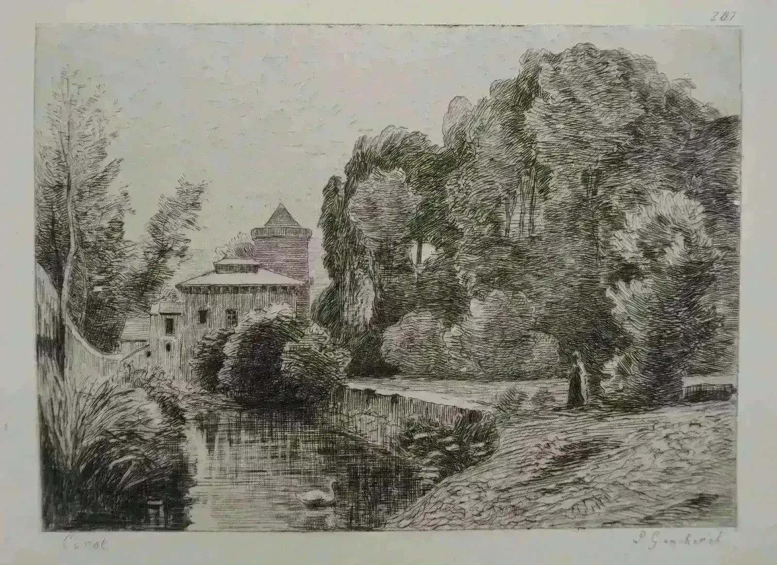 JB Camille Corot Etching Landscape Castle And Pond Signed Durand Ruel 1873
