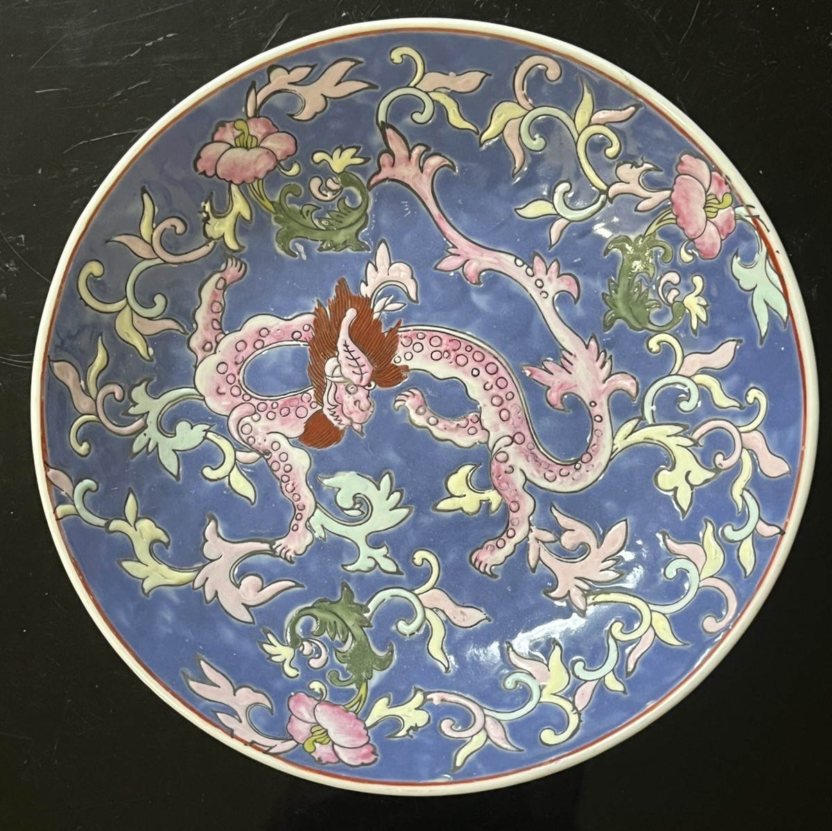 Antique Hand painted Floral Dragon blue floral plate signed Antique Hand painted Floral Dragon blue floral plate signed
