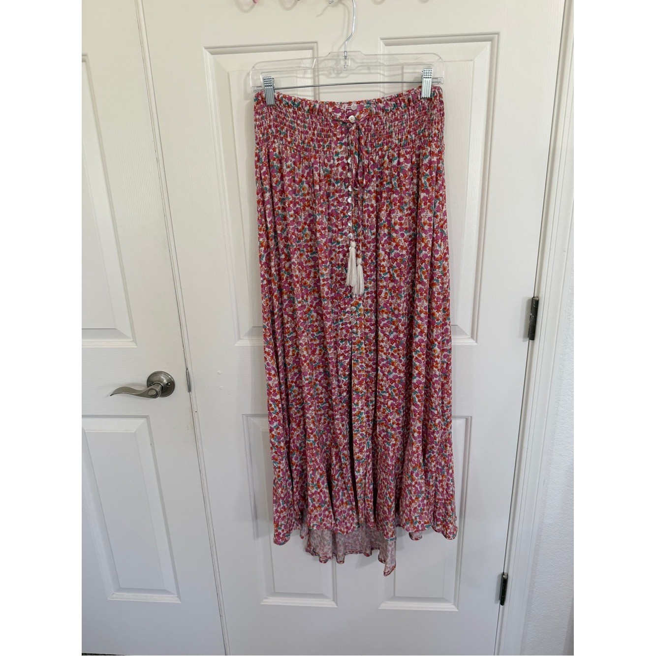 Rachel Zoe Floral Maxi Skirt L Smocked Waist Tassel Boho Cottagecore High-Low
