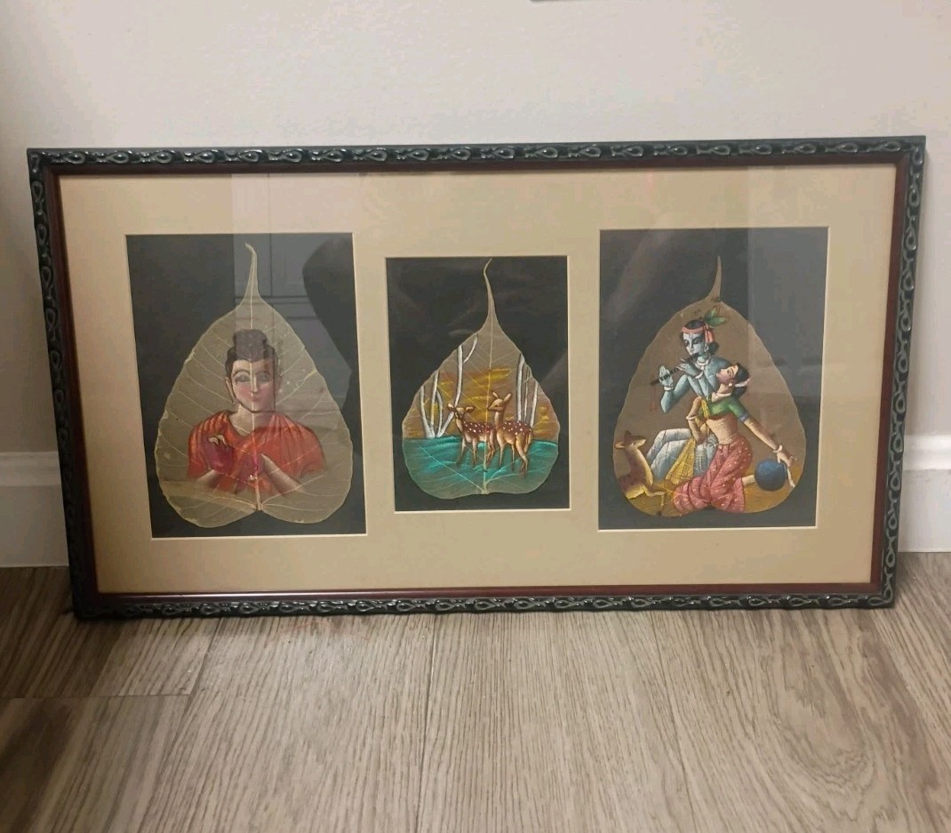 Traditional Vintage Indian 3 Peepal Fig Leaf Sacred Painting Framed 22.5x13