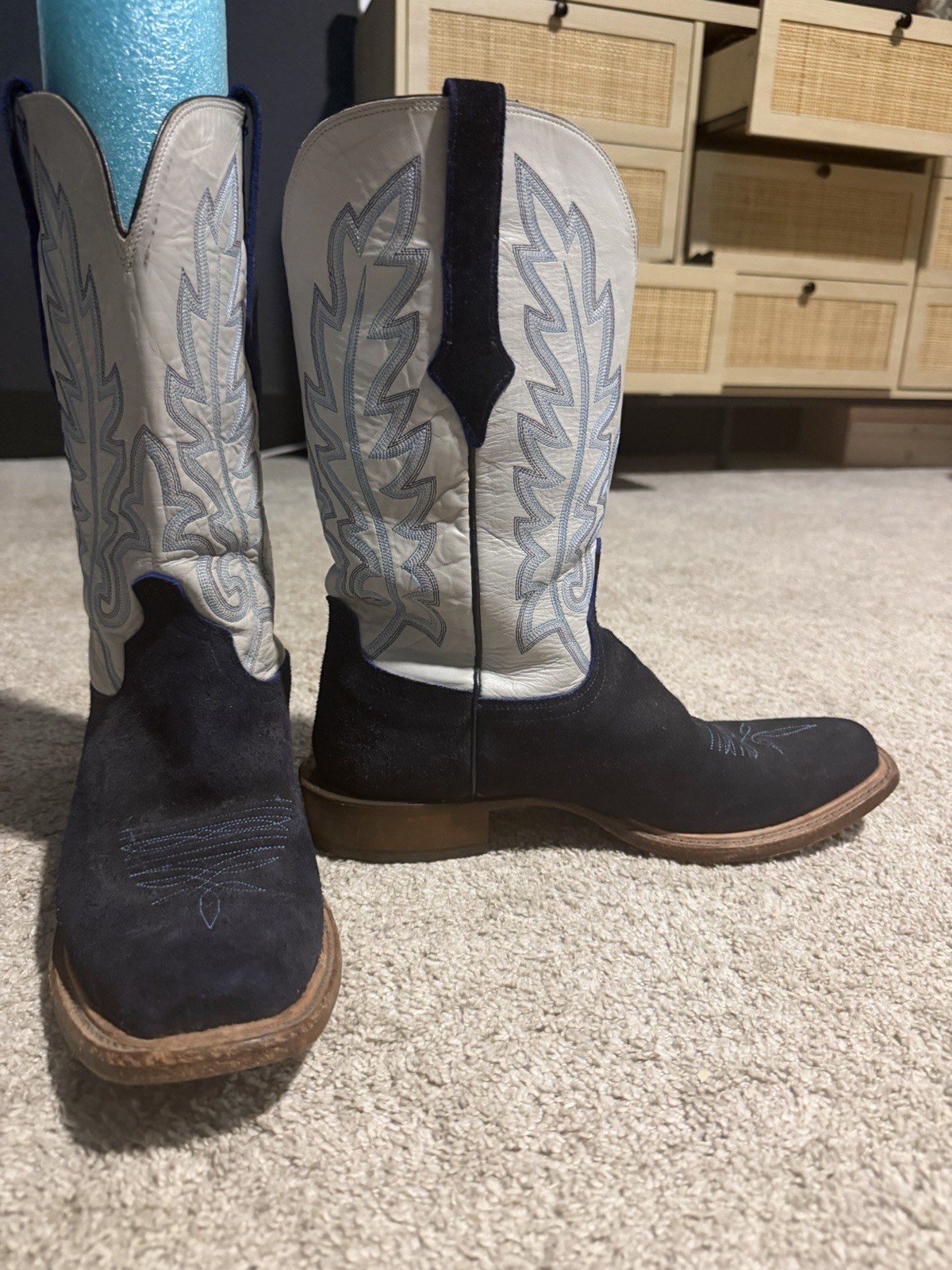 Lucchese Men\'s Blue Suede & White Leather Western Equestrian Boots US 11 D Lucchese Men\'s Blue Suede & White Leather Western Equestrian Boots US 11 D