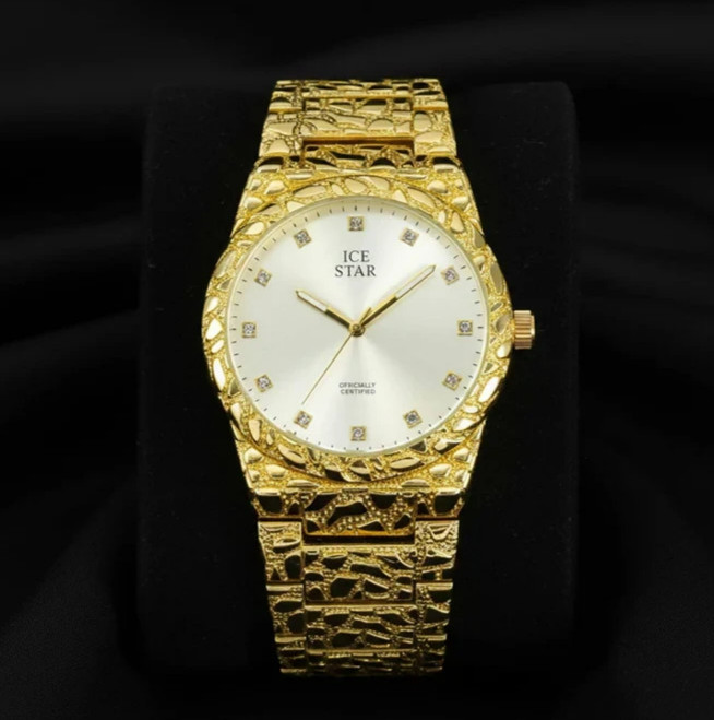 MEN\'S ICED LUXURY NUGGET STYLE METAL BAND WRIST BLING WATCH HIP HOP FASHION