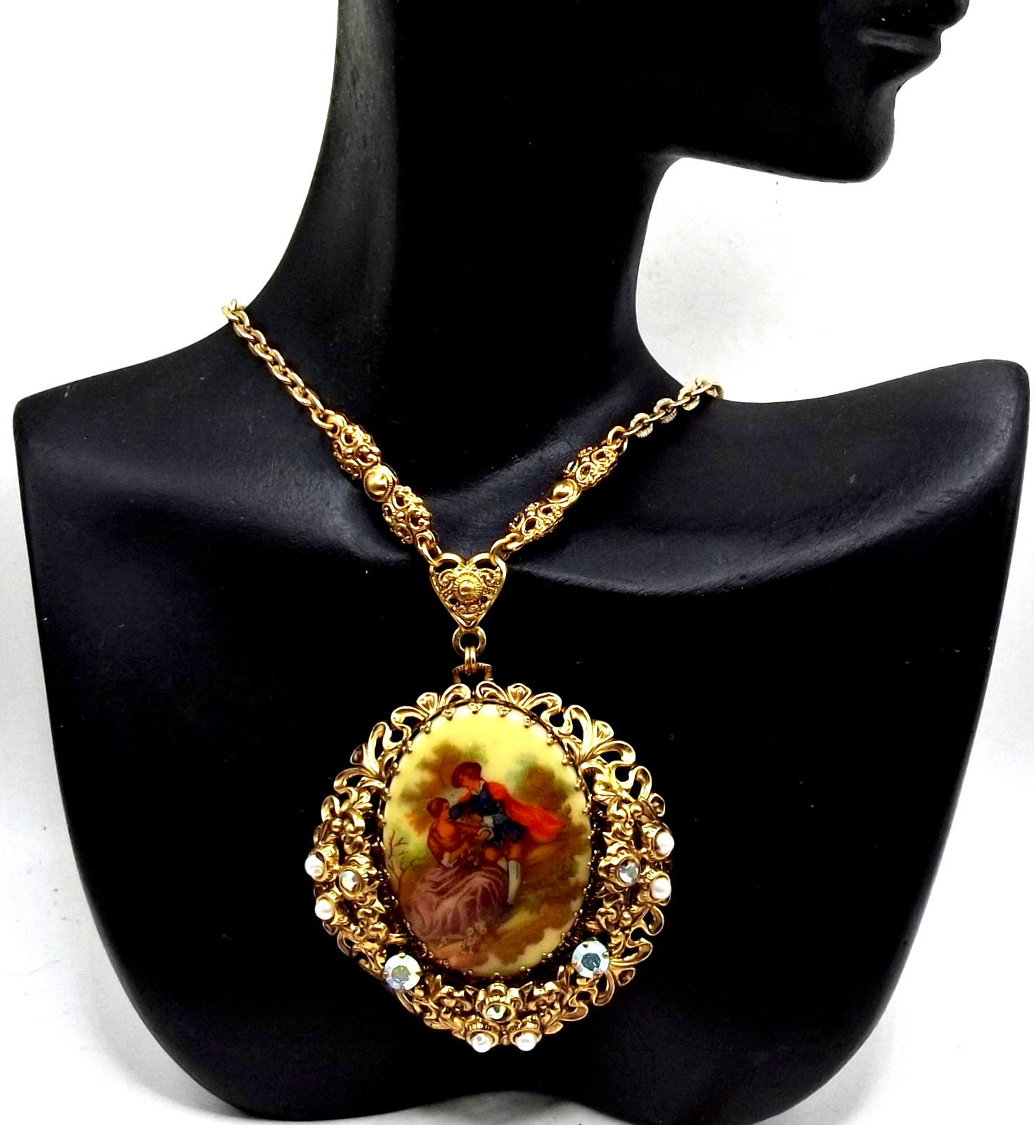 Vintage W Germany 50s Necklace Fx Pearl AB Filigree Porcelain Courting Portrait Vintage W Germany 50s Necklace Fx Pearl AB Filigree Porcelain Courting Portrait