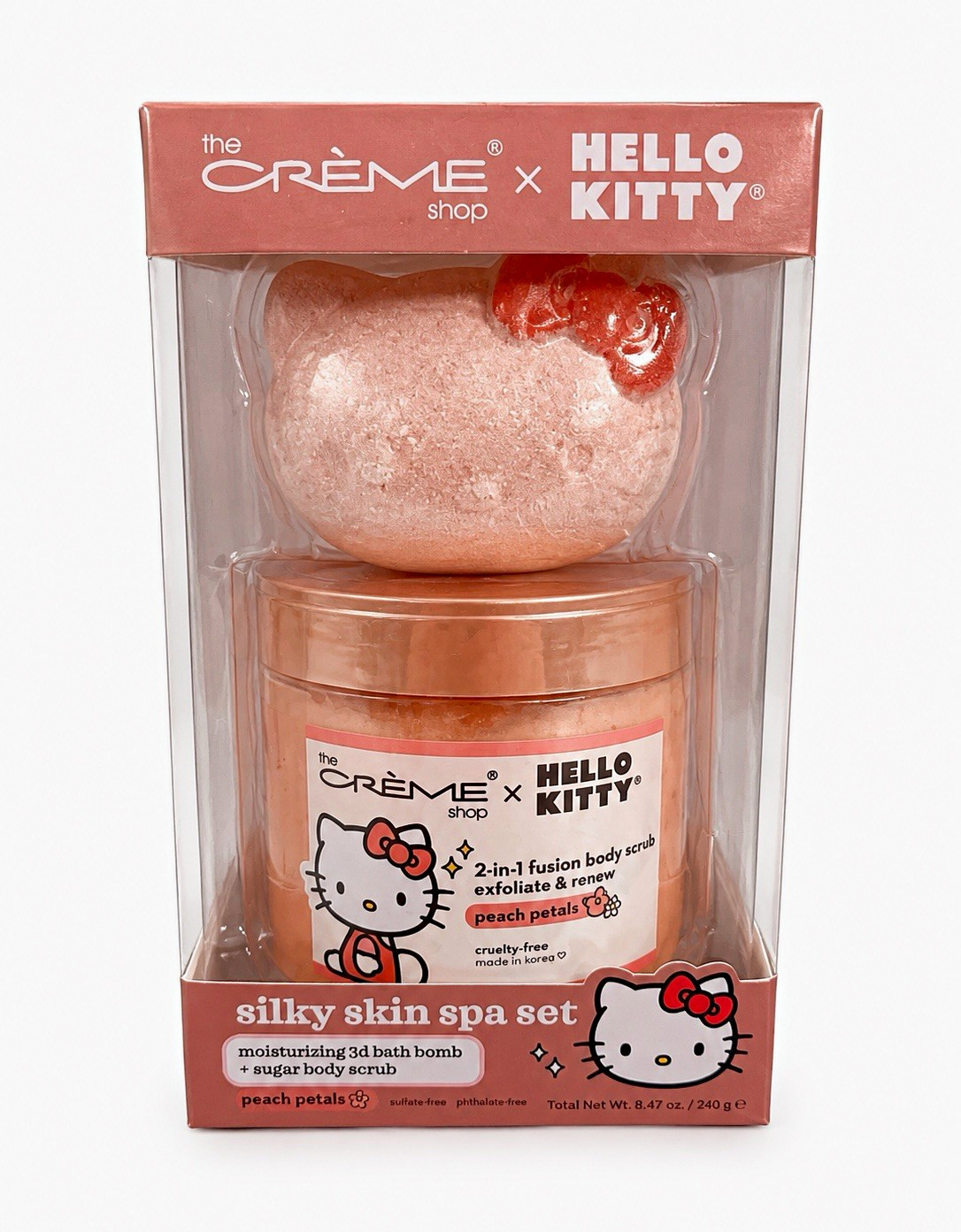 The Crème Shop Hello Kitty Bath Set: Peach Petals Bomb & Body Scrub 8.47oz The Crème Shop Hello Kitty Bath Set: Peach Petals Bomb & Body Scrub 8.47oz