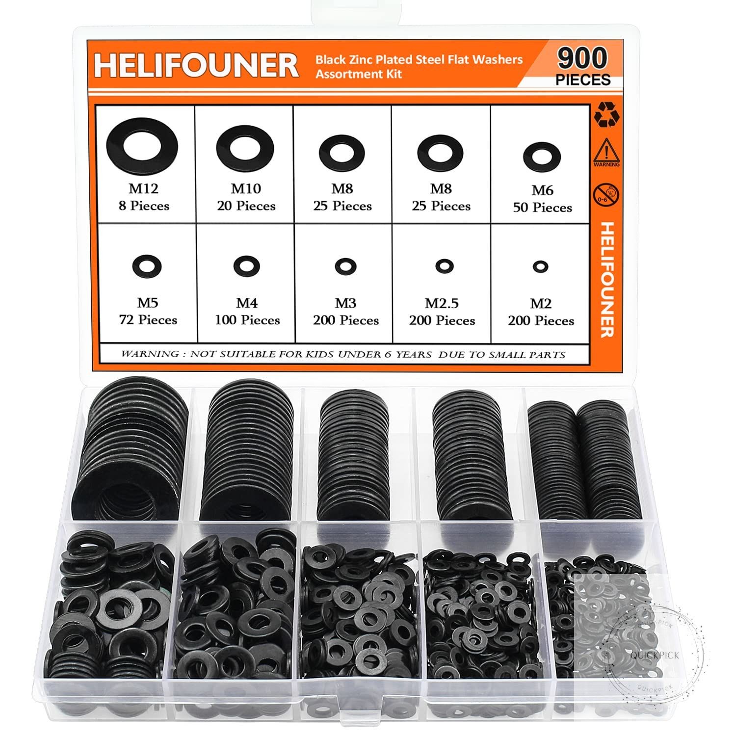 900 Pieces Black Zinc, Flat Washers Assorted Kit, Flat Washers, Metric Washers,