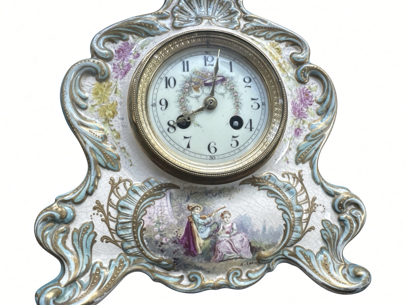 Antique French Porcelain Rococo Mantel Clock, Samuel Marti, W/KEY AS-IS UNTESTED Antique French Porcelain Rococo Mantel Clock, Samuel Marti, W/KEY AS-IS UNTESTED