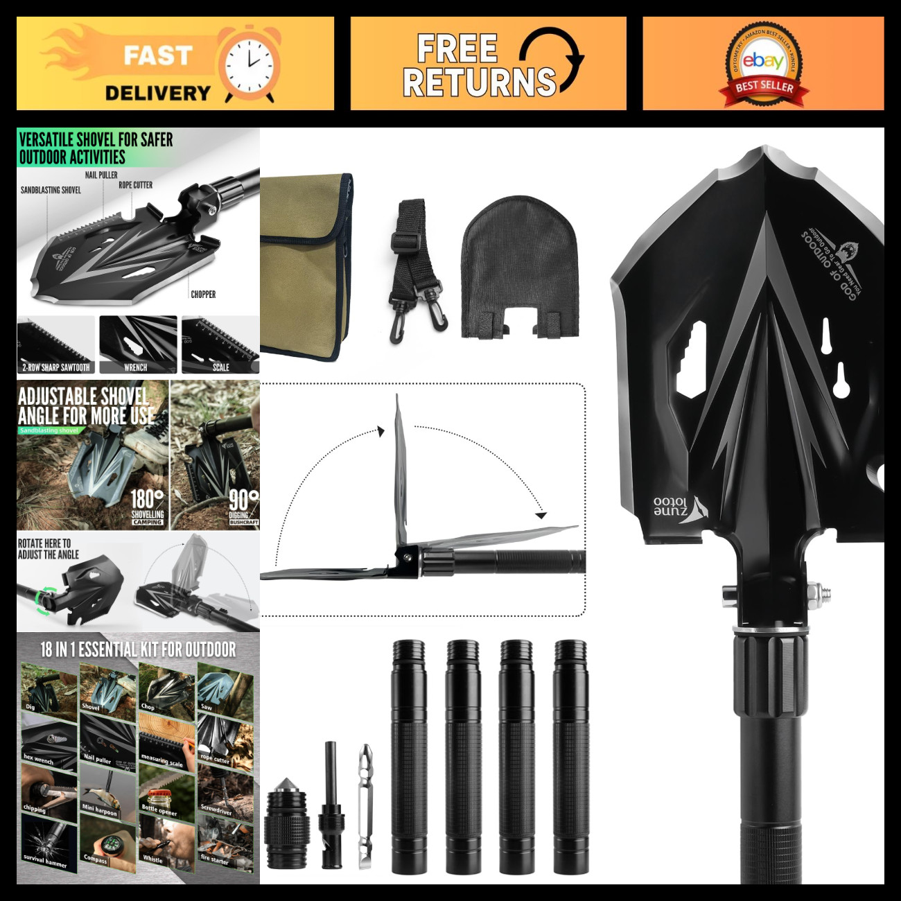 Compact Tactical Survival Shovel Multitool - Folding Camping Shovel for Outdoor