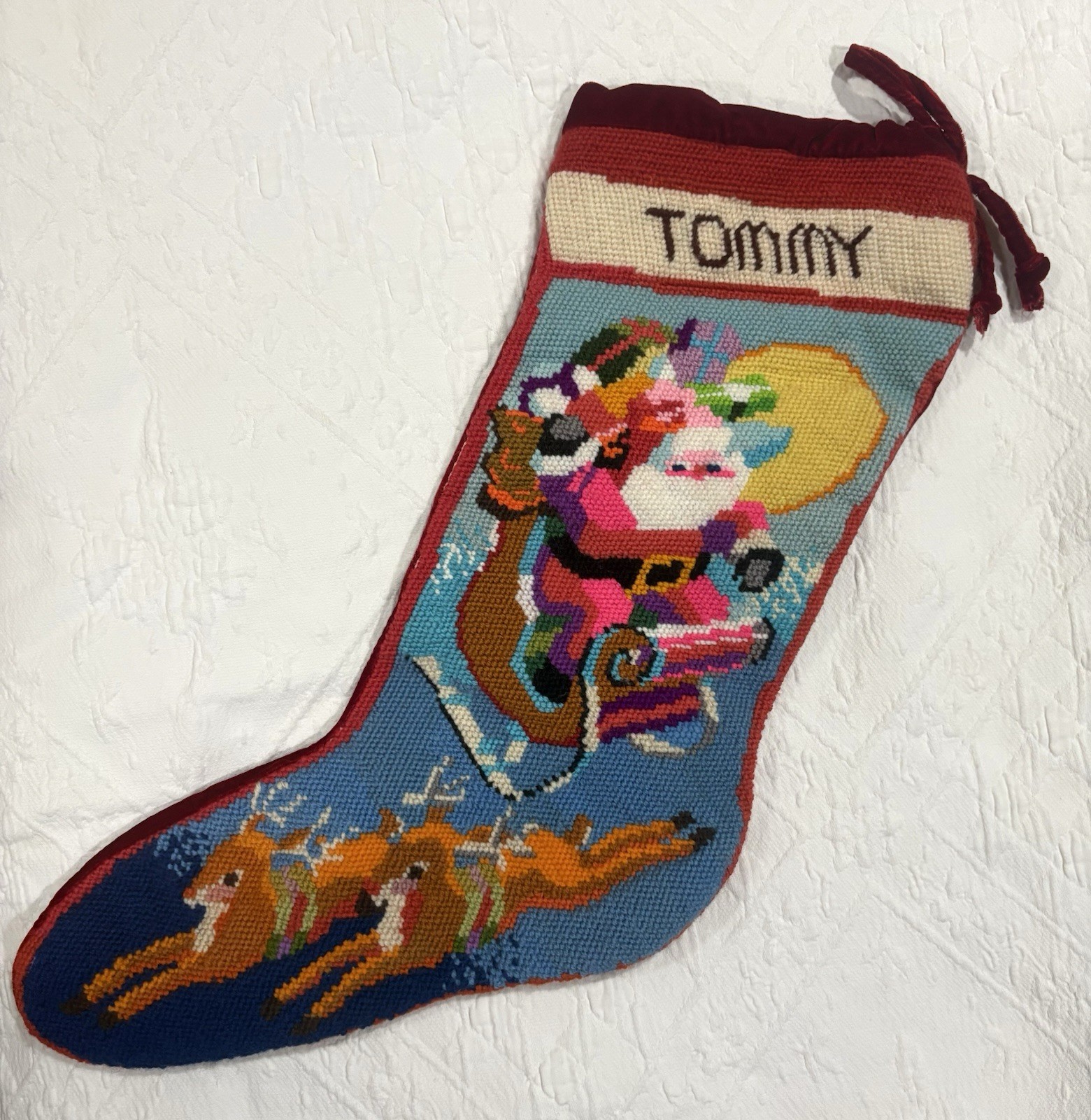 Vtg Needlepoint Christmas Stocking Reindeer Santa Claus Red Velvet 19.5” Tommy Vtg Needlepoint Christmas Stocking Reindeer Santa Claus Red Velvet 19.5” Tommy