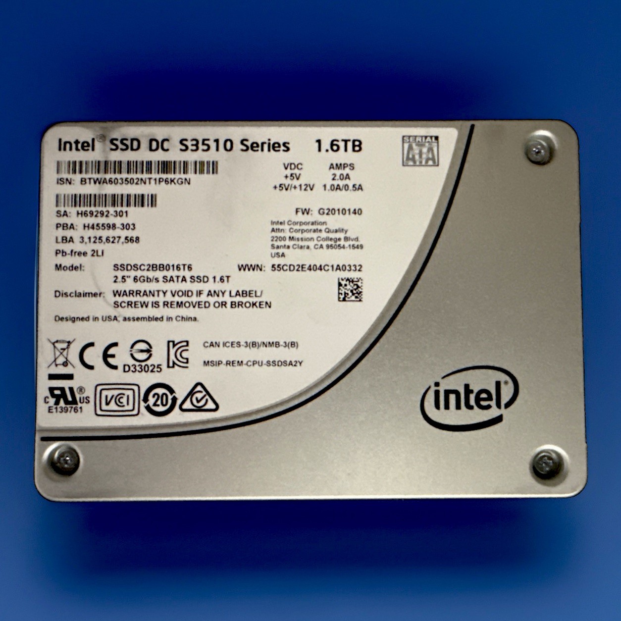 Intel DC S3510 1.6TB Enterprise SSD – 86–87% Life – Tested – No Errors SATA 2.5