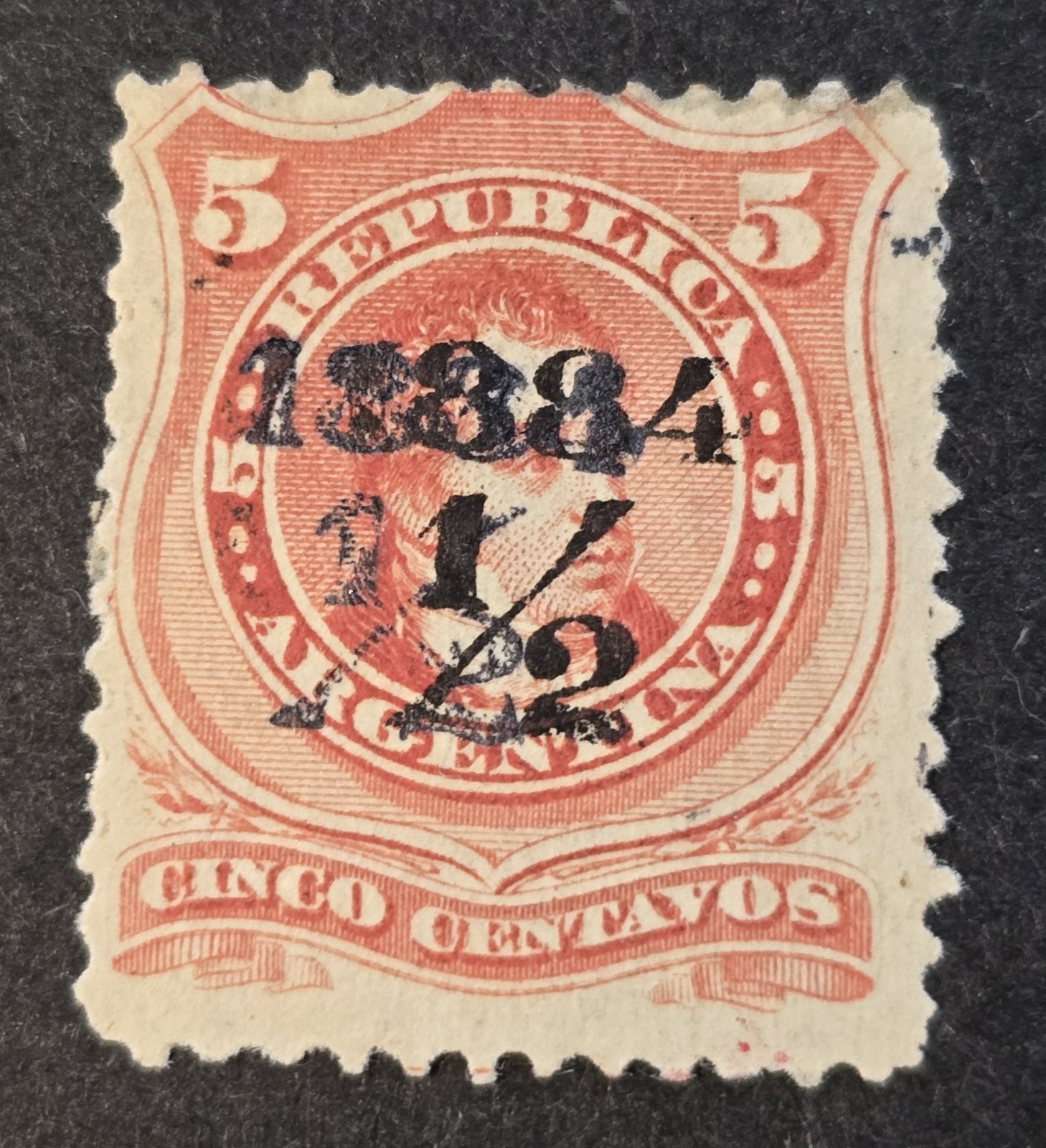 Argentina Scott #49d GJ #71g ($550)- 1/2c on 5c ver Double surcharge - MH - VF Argentina Scott #49d GJ #71g ($550)- 1/2c on 5c ver Double surcharge - MH - VF