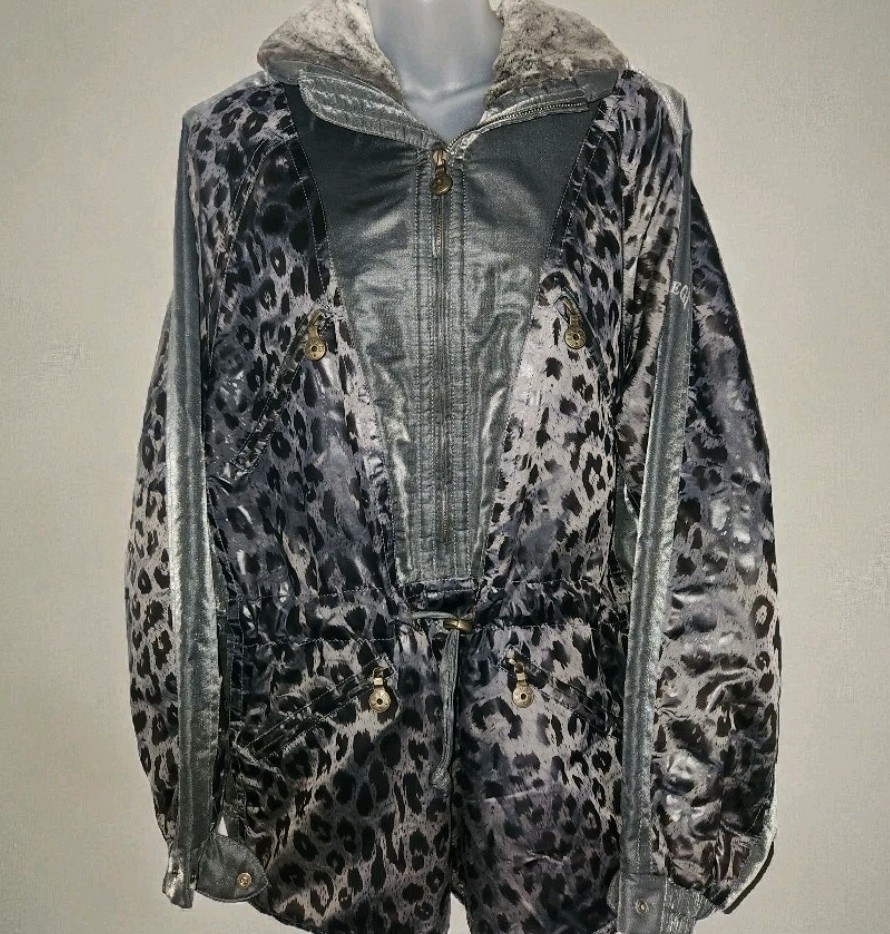 EMMEGI Womens 38 Medium Silver Black Animal Print Ski Apres Parka Vintage Coat EMMEGI Womens 38 Medium Silver Black Animal Print Ski Apres Parka Vintage Coat