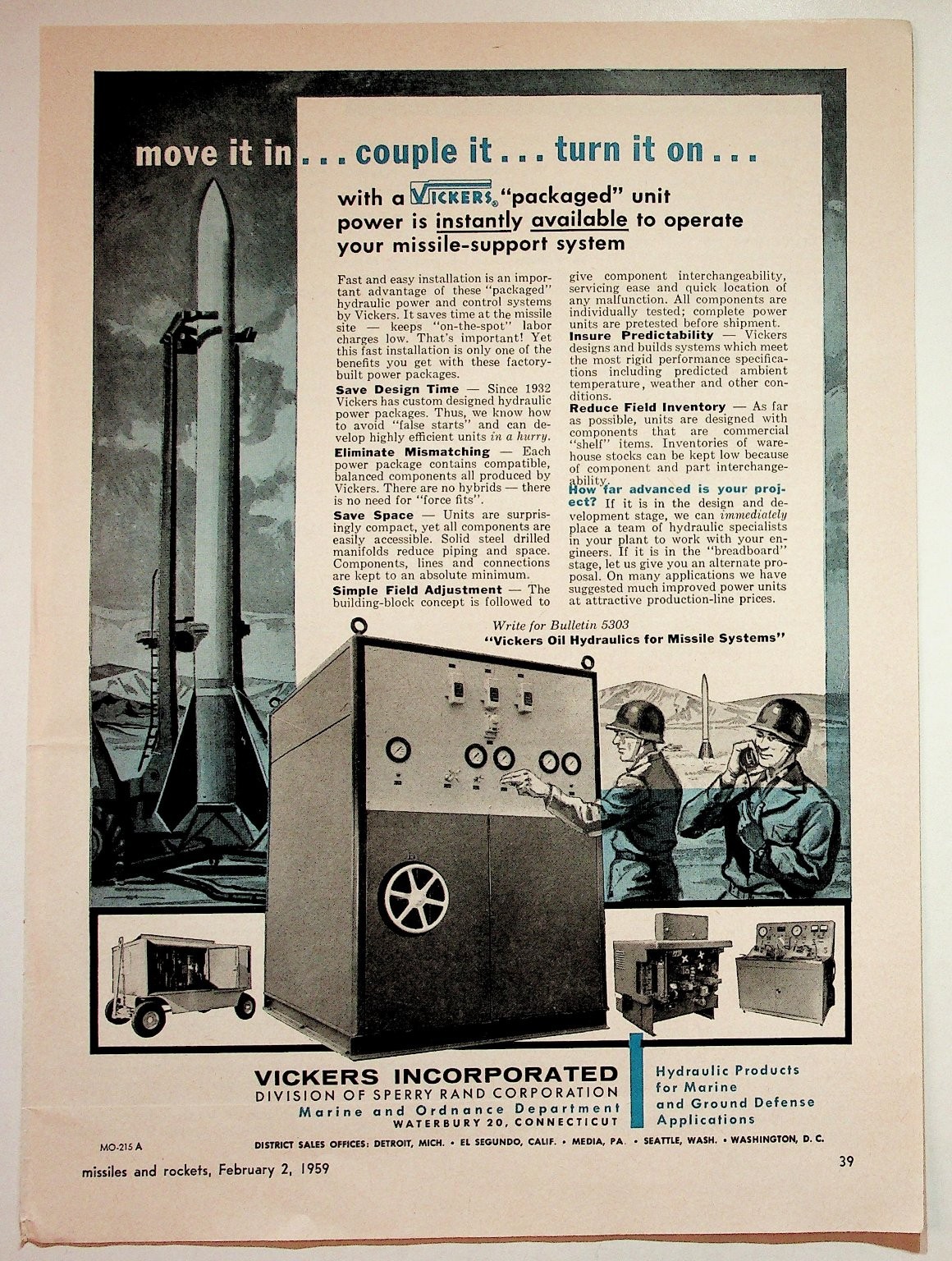 1959 Vickers Sperry Rand Missile Support System Vintage Print Ad