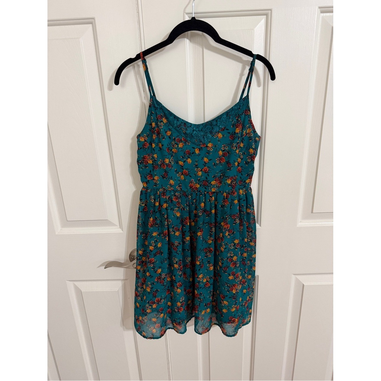 Arizona Jean Co Teal Floral Lace Trim Dress Smocked Back Cottagecore Womens M