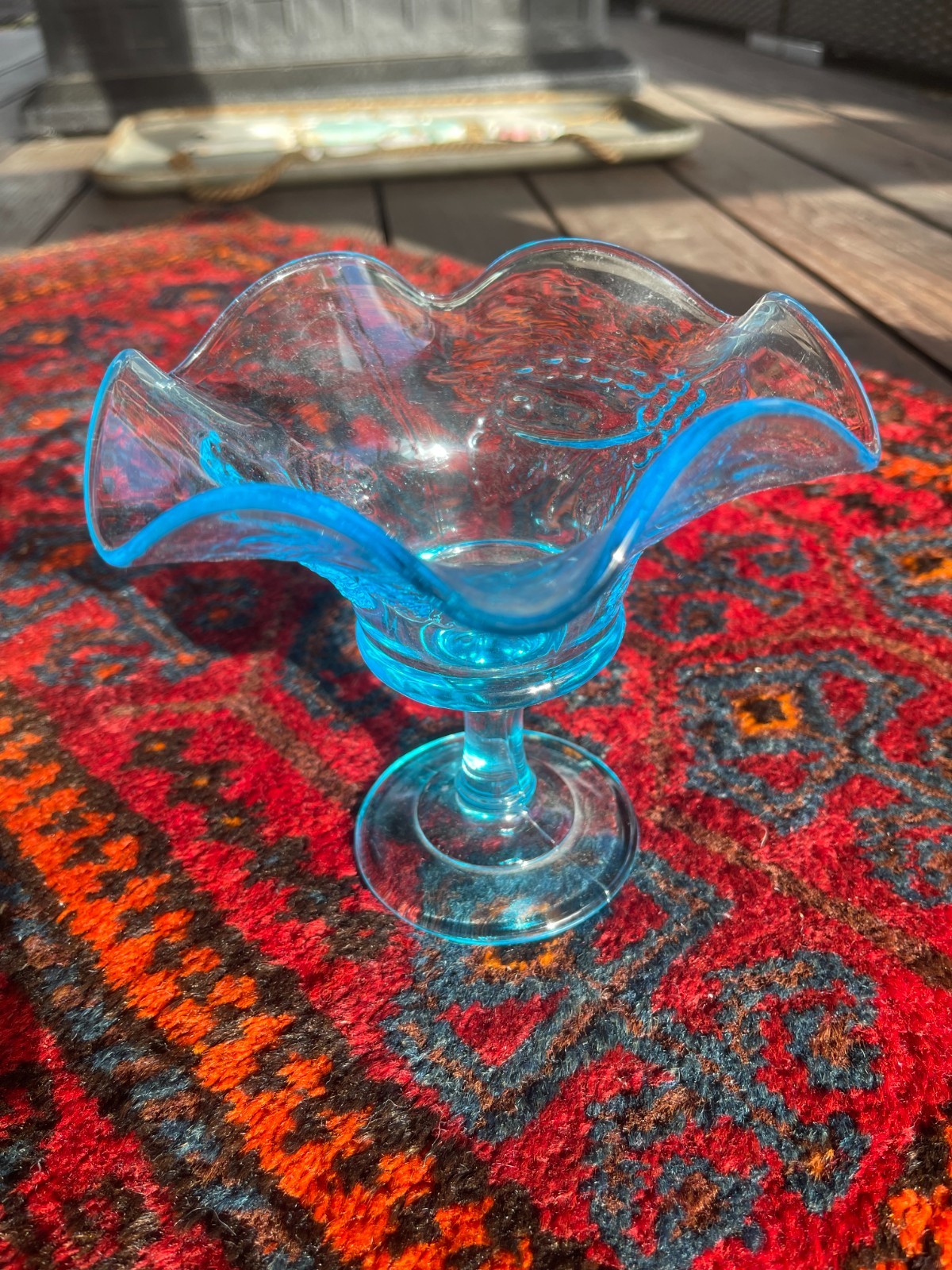 Vintage Rare midcentury Fenton Wright blue, ruffled or crimped edge glass Vintage Rare midcentury Fenton Wright blue, ruffled or crimped edge glass