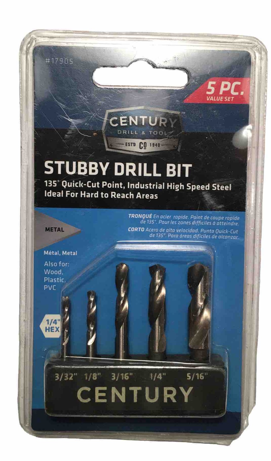 Century Drill & Tool 17905 5 Piece Stubby Hex Shank Drill Bit Set NEW Century Drill & Tool 17905 5 Piece Stubby Hex Shank Drill Bit Set NEW