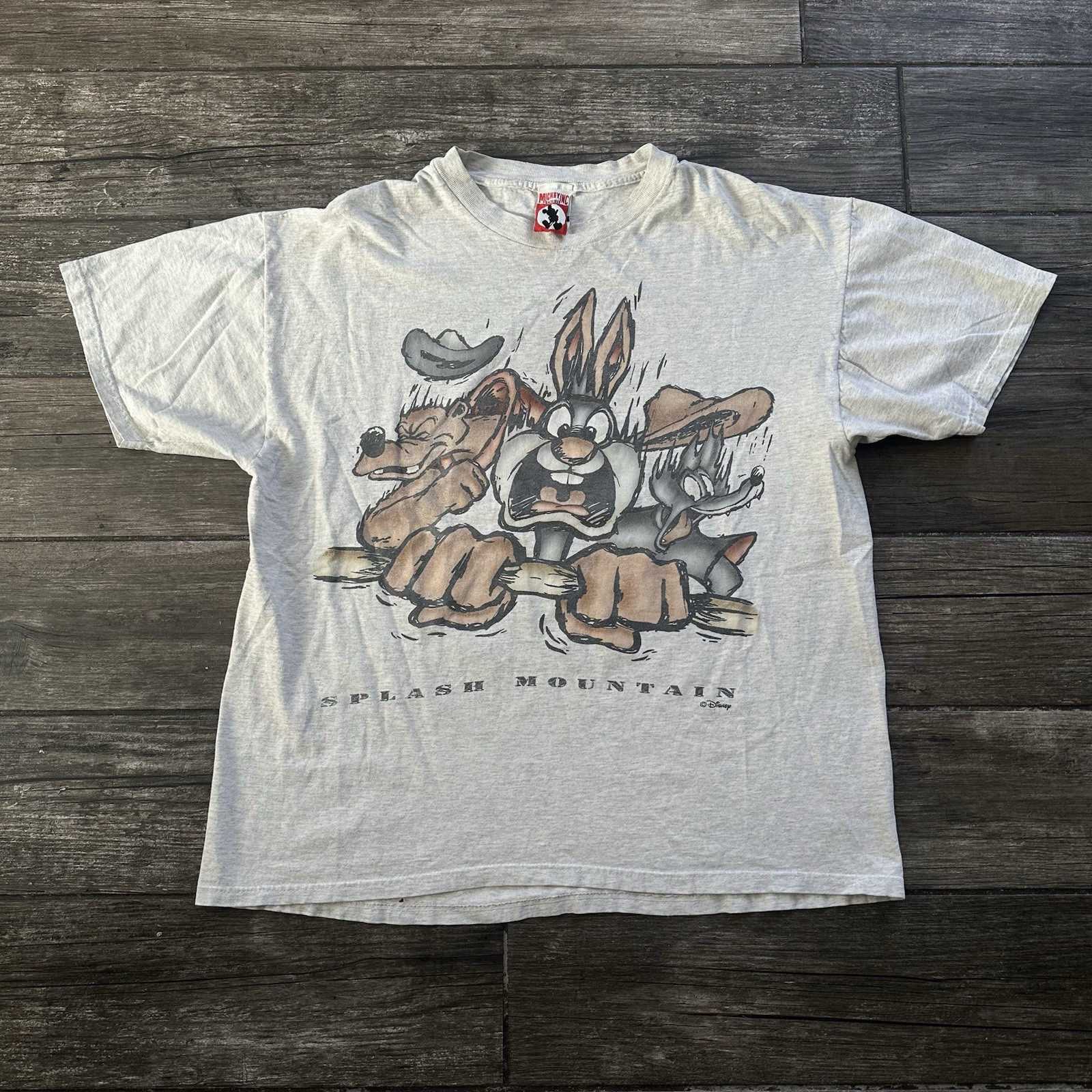 VTG 90s DISNEY DISNEYLAND SPLASH MOUNTAIN RIDE PROMO GRAY T-SHIRT L/XL GRIP BAR VTG 90s DISNEY DISNEYLAND SPLASH MOUNTAIN RIDE PROMO GRAY T-SHIRT L/XL GRIP BAR