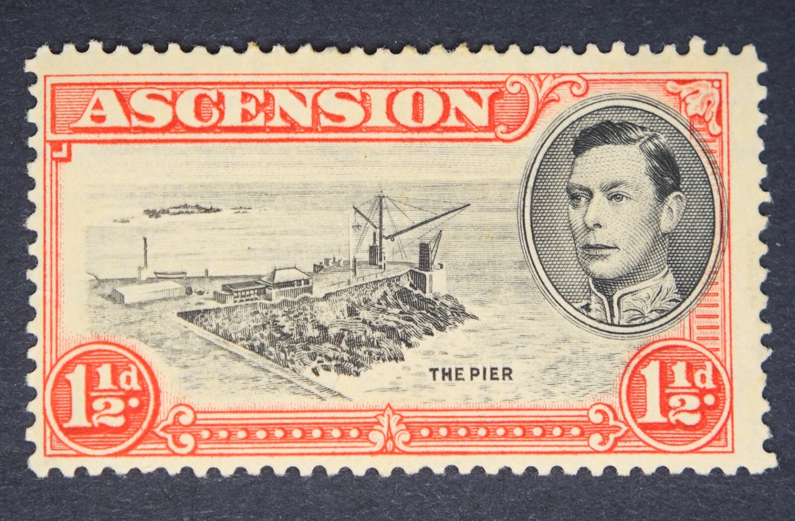 ASCENSION SG40a 1938 KGVI 1½d Black & Vermilion, P13½, Davit Flaw, M.Mint C.£400 ASCENSION SG40a 1938 KGVI 1½d Black & Vermilion, P13½, Davit Flaw, M.Mint C.£400
