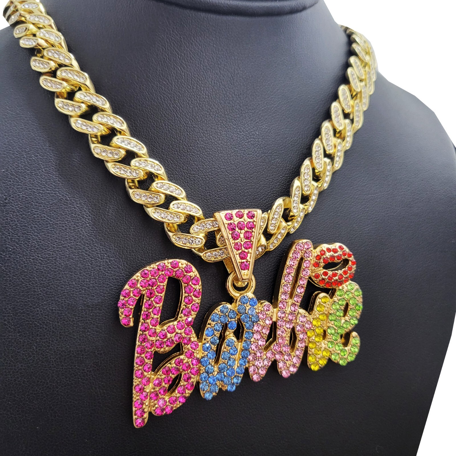 Women Rainbow Color Barbie Icy Charm & Iced Cubic Zirconia Cuban Chain Necklace