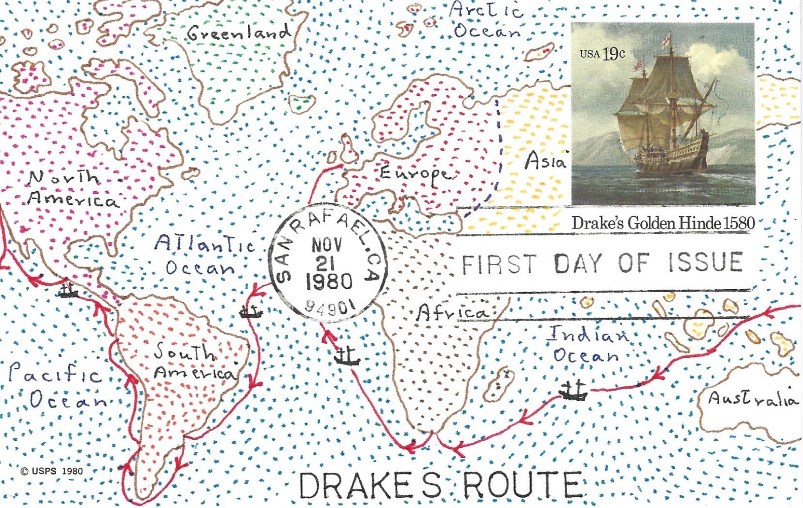 CORNISH, Scott UX86, 10c Drake\'s Golden Hinde,  Hand Painted FDC