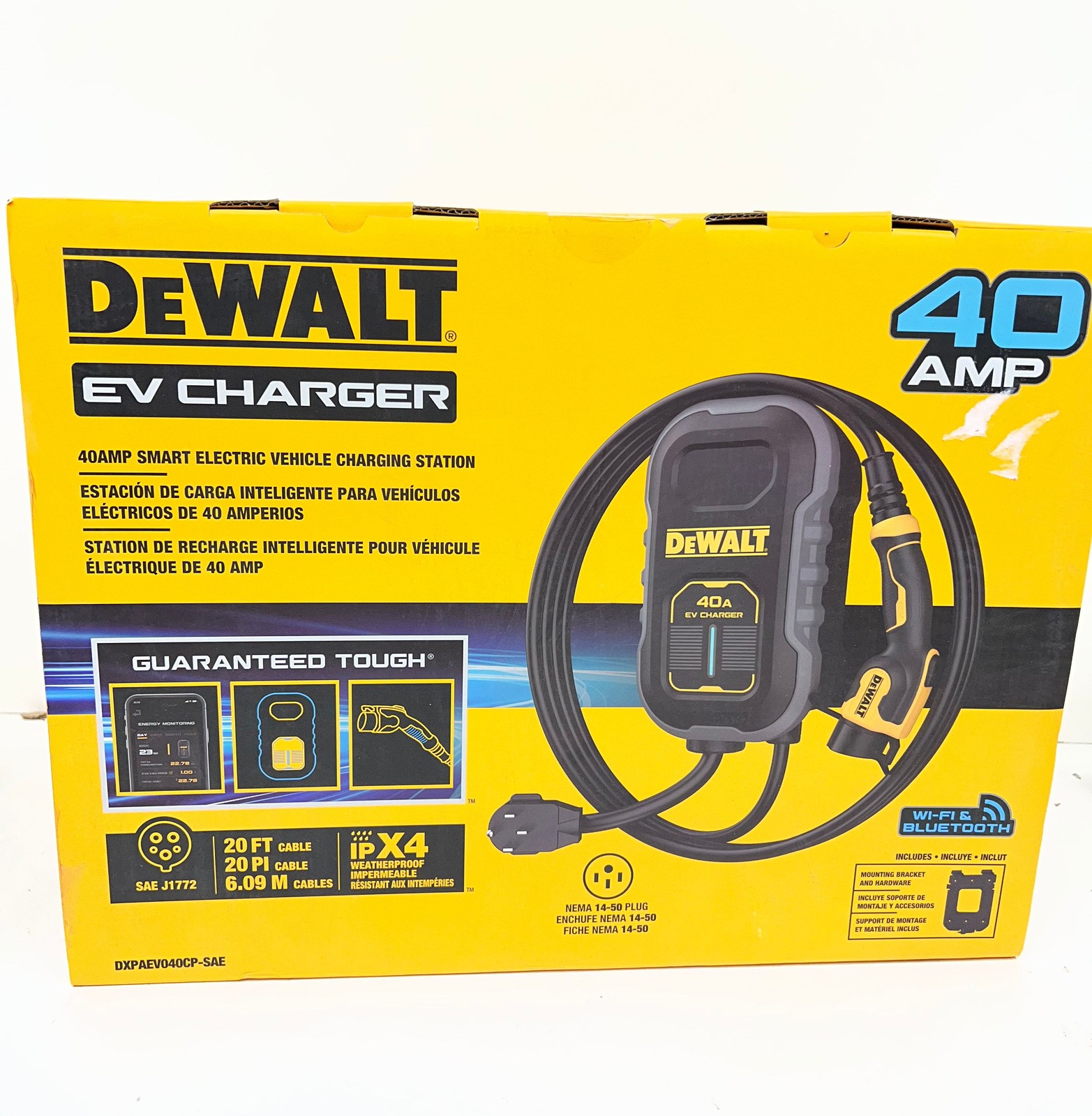Dewalt Level-2 Compact EV Charger 40 Amps, 240V AC 9.6 Kw, NEMA 14-50 Plug
