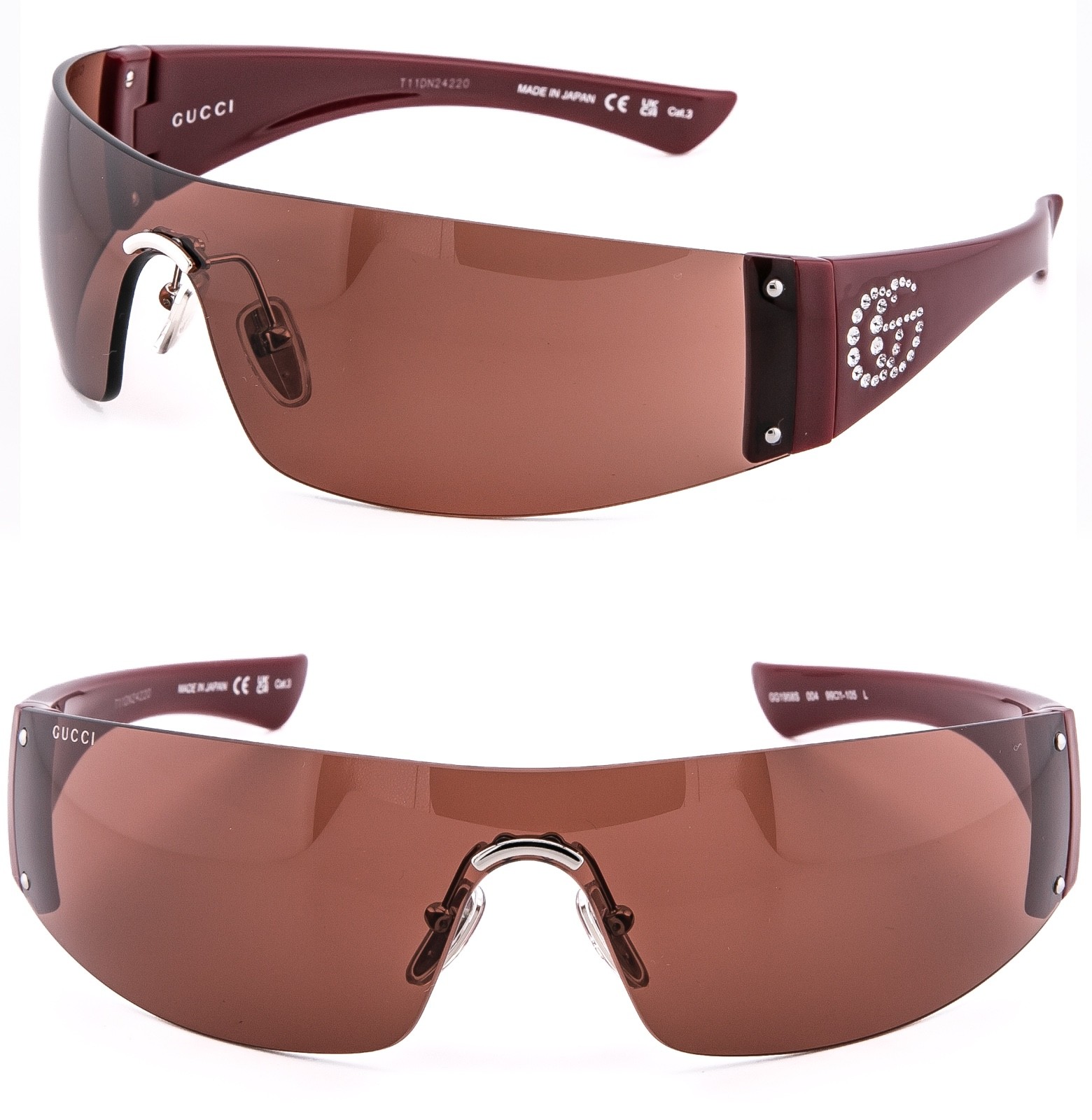 GUCCI GG1958S Burgundy Brown Narrow Wrap 1958 Crystal Logo Unisex Sunglass 004 GUCCI GG1958S Burgundy Brown Narrow Wrap 1958 Crystal Logo Unisex Sunglass 004