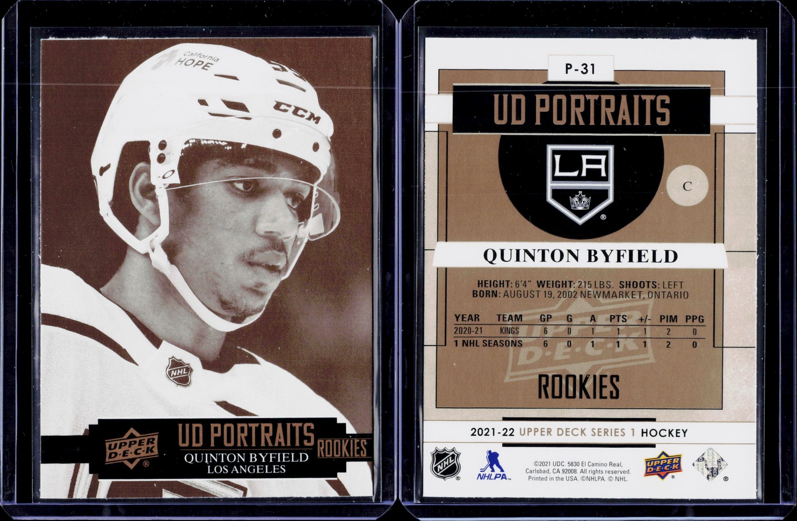 2021-22 Upper Deck #P-31 Quinton Byfield UD Portraits 2021-22 Upper Deck #P-31 Quinton Byfield UD Portraits