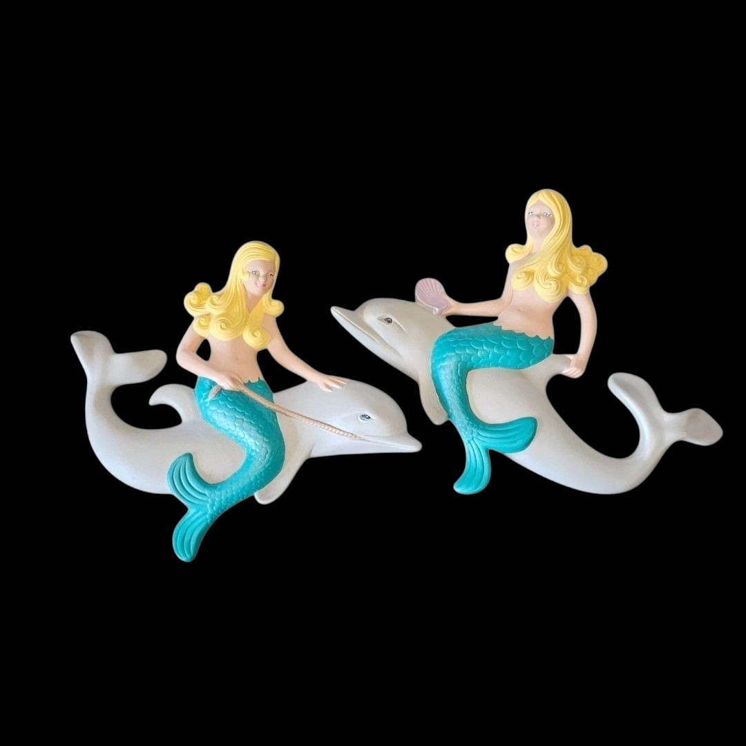 Vtg MCM Mermaids Wall Decor Plaques Riding Dolphins Atlantic Molds Ceramic 60s