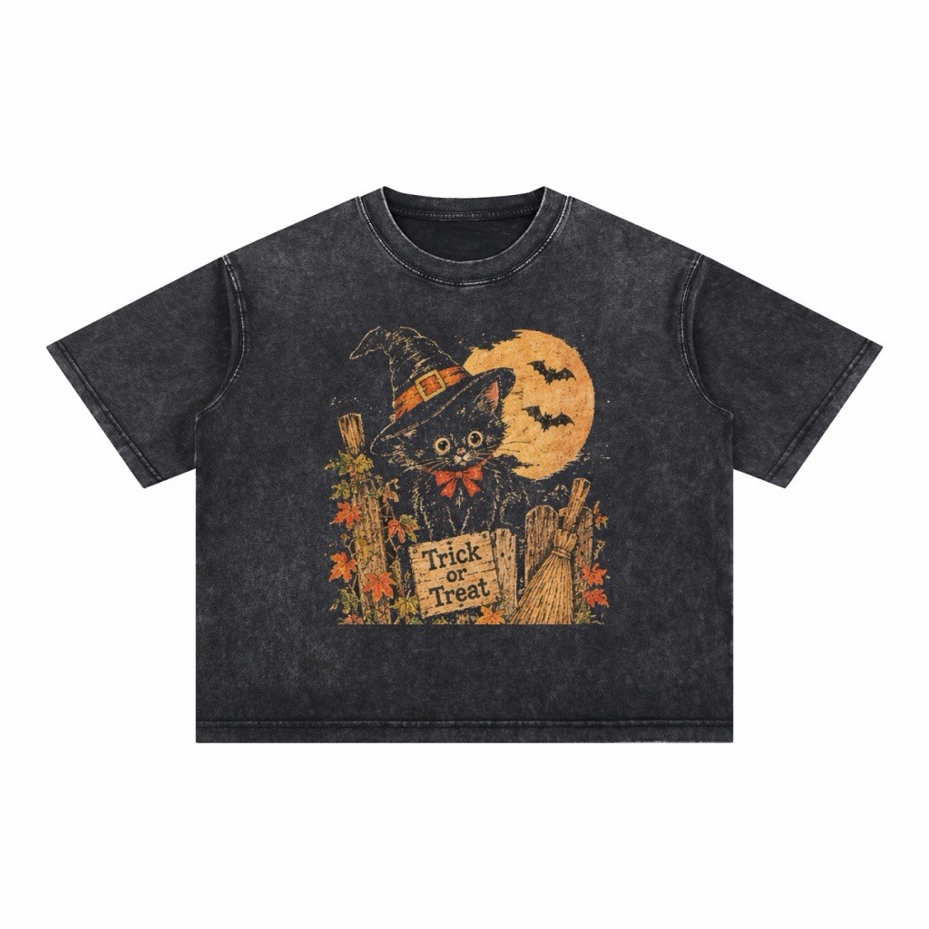 Vintage Halloween Kitten Oversized Boxy Tee 90s Faded Witch Trick Or Treat M