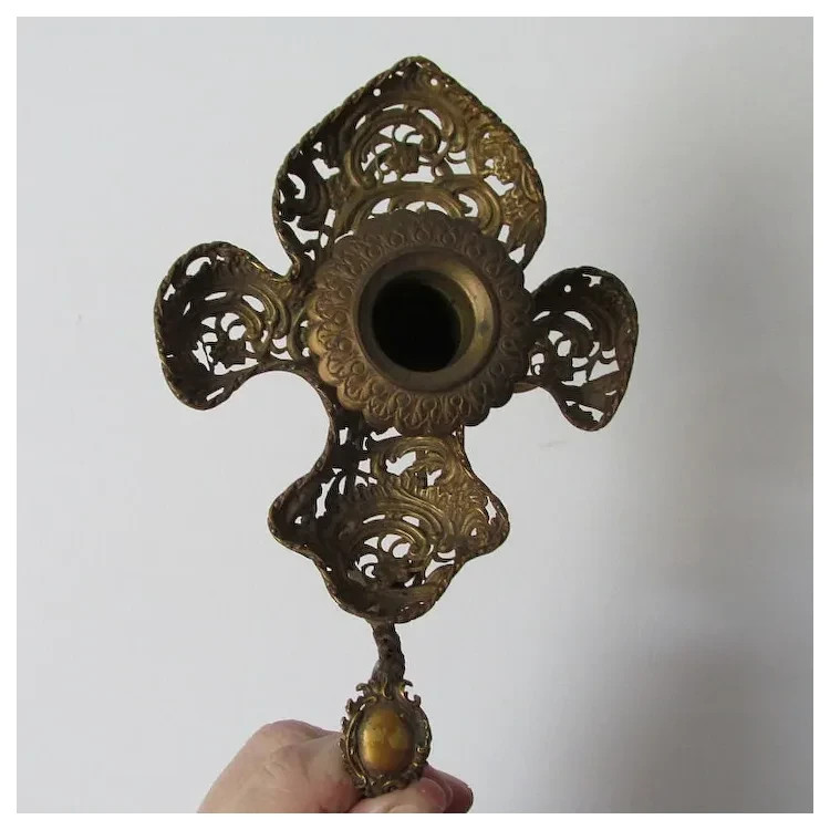 Antique French Fleur de Lis Candlestick Filigree Chamberstick