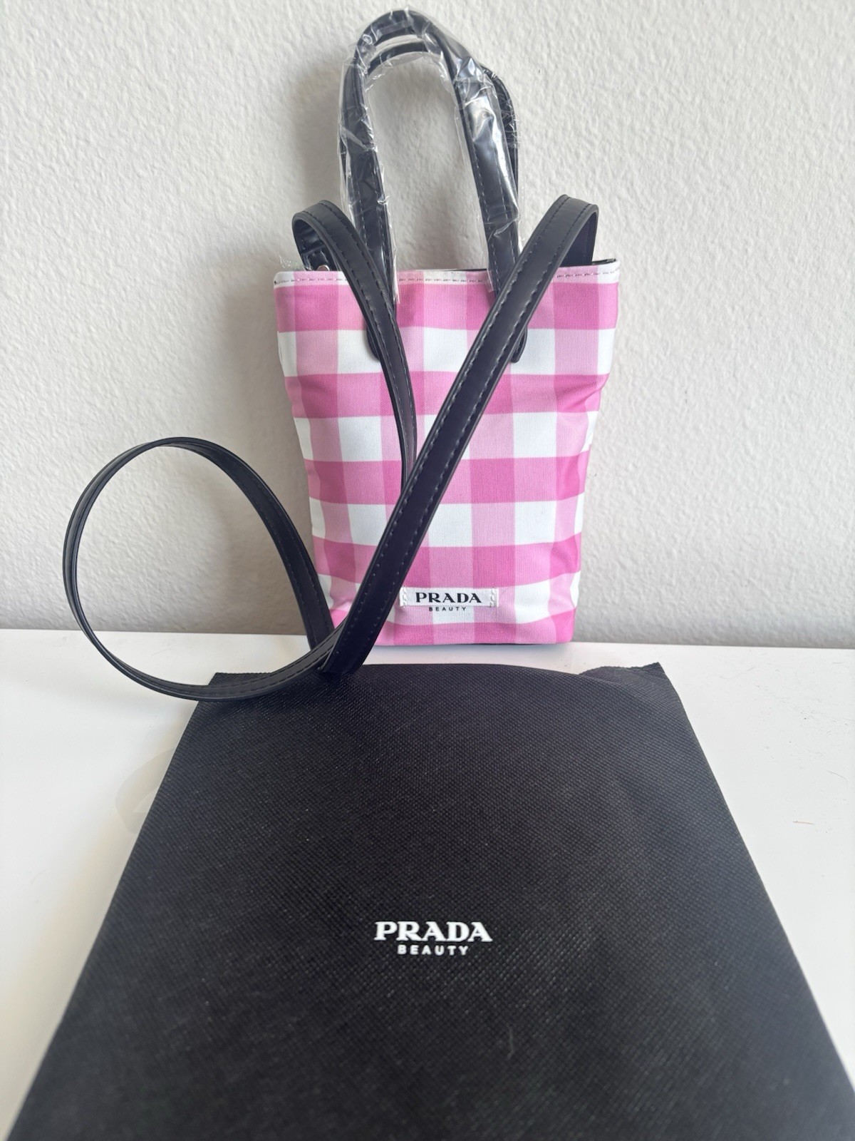 PRADA Beauty Pink Plaid Mini Crossbody Tote GWP 