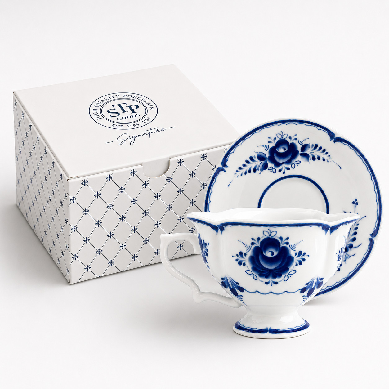 STPGOODS Signature Porcelain Teacup and Saucer Set Blue Flowers Ghzel Style Cup